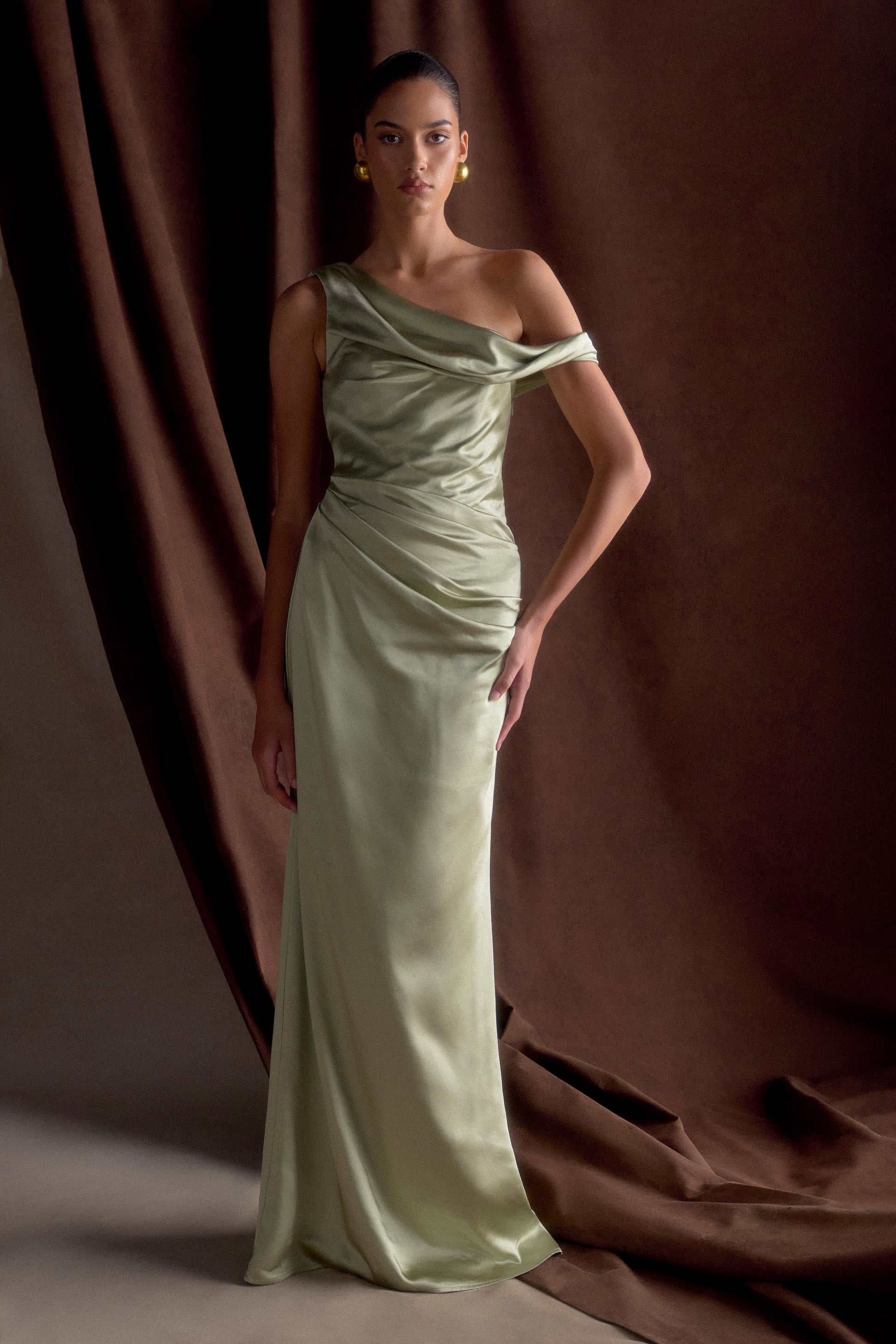 Dalia Off Shoulder Satin Maxi Dress - Sage | MESHKI US Dalia Off Shoulder Satin Maxi Dress - Sage | MESHKI US