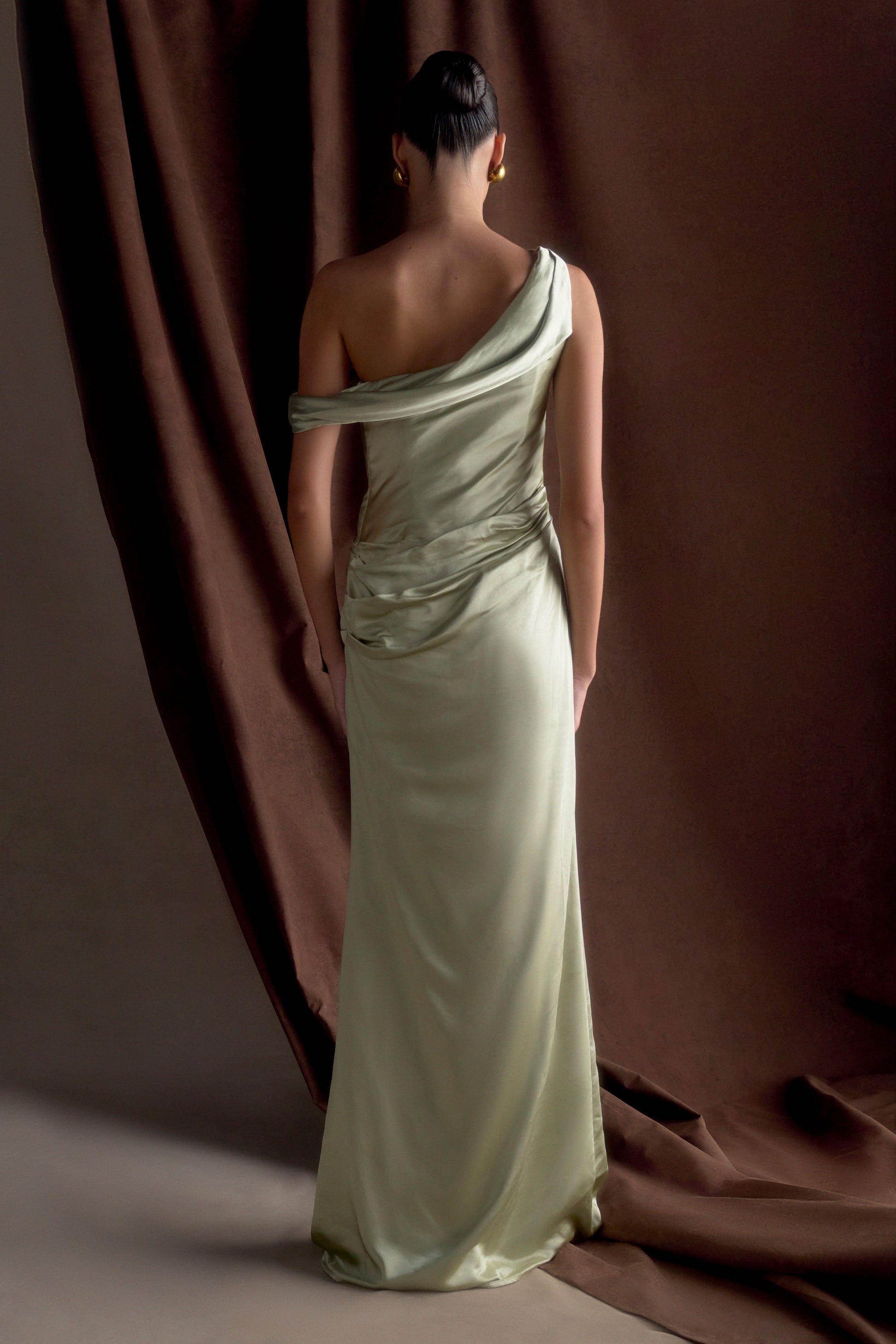 Dalia Off Shoulder Satin Maxi Dress / Sage | Meshki | XXS Dalia Off Shoulder Satin Maxi Dress / Sage | Meshki | XXS