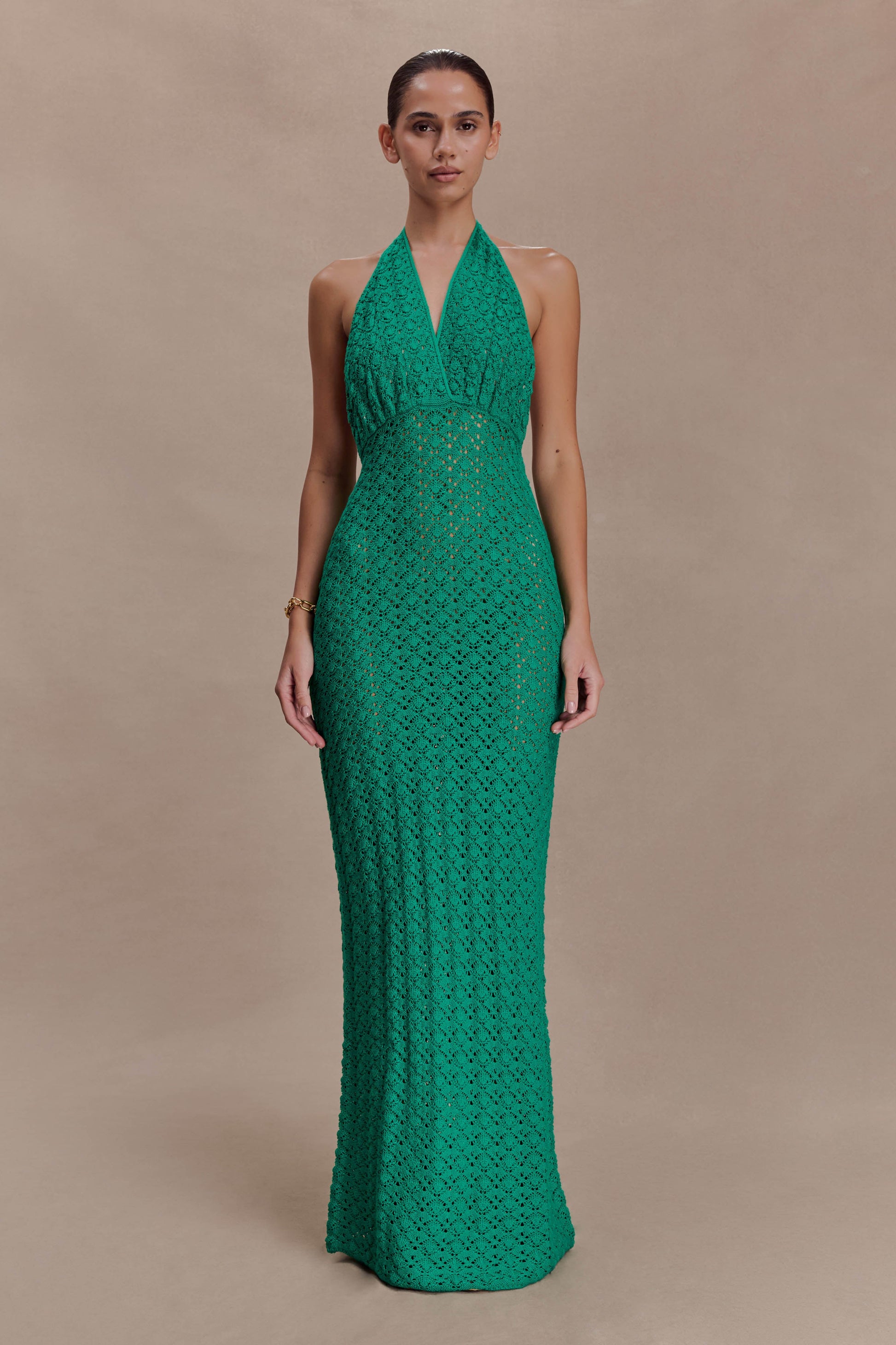 Deeliah Halterneck Crochet Maxi Dress - Emerald