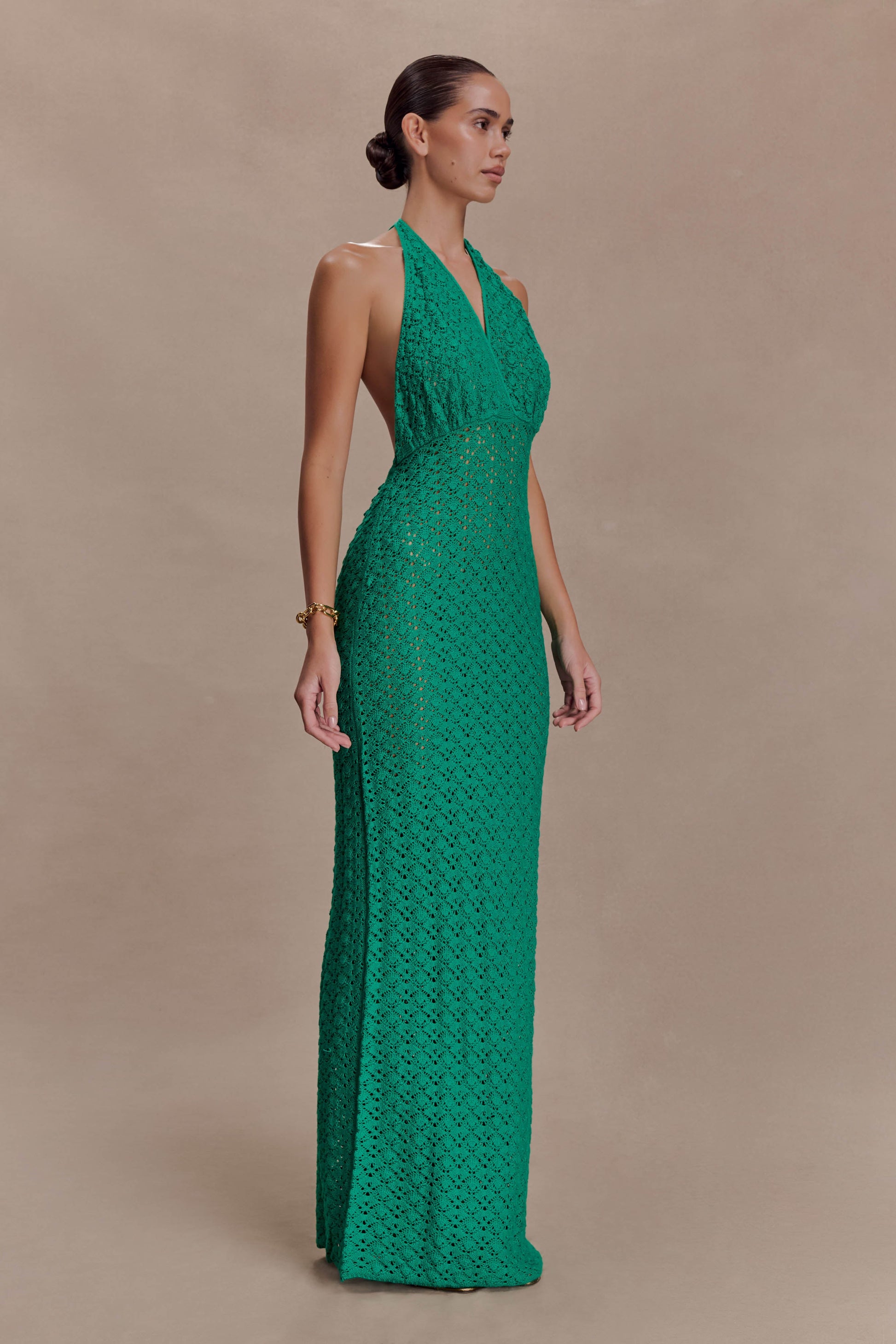 Deeliah Halterneck Crochet Maxi Dress / Emerald | MESHKI