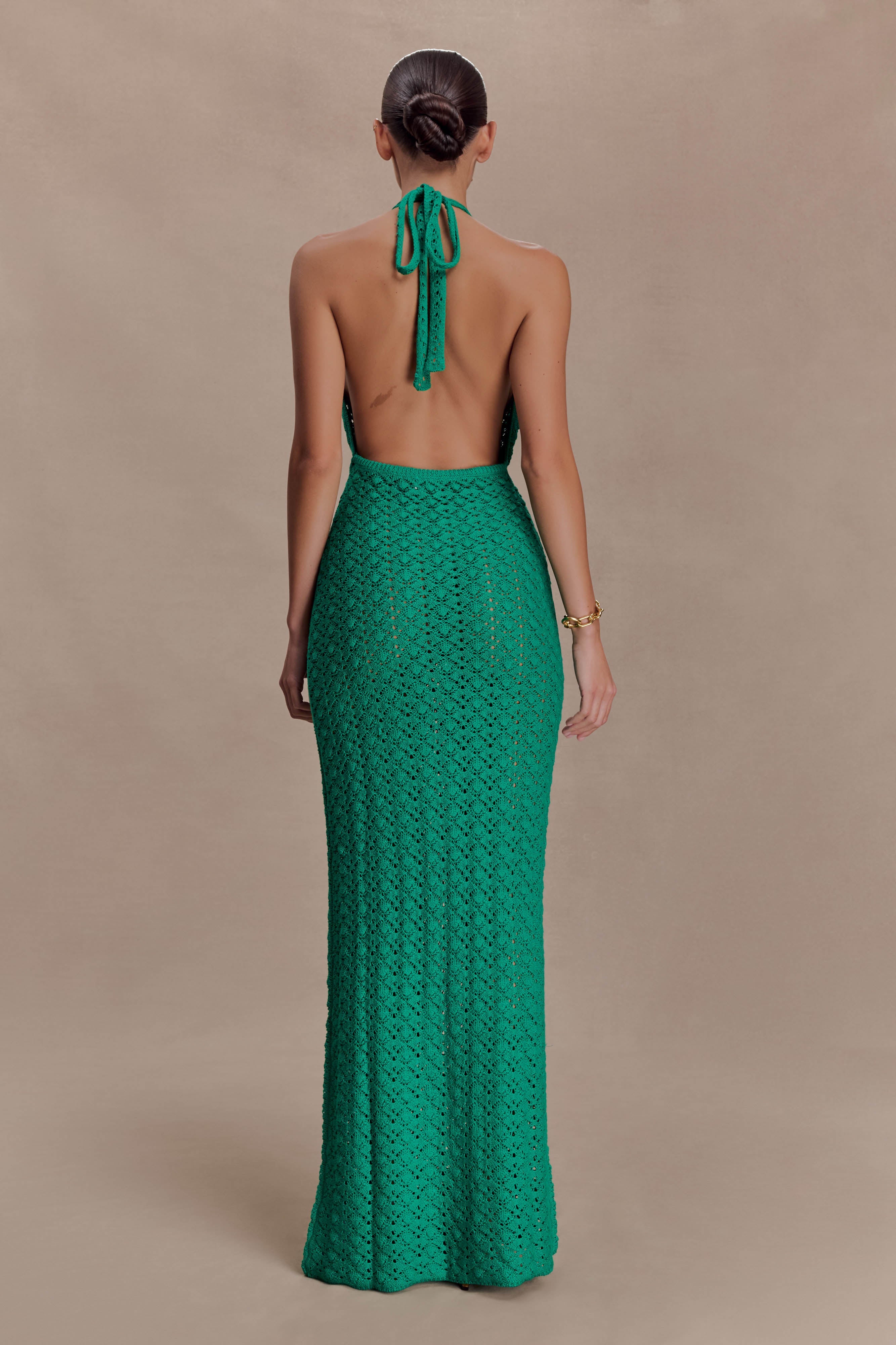 shape lime crochet knit halterneck open back maxi dress Deeliah Halterneck Crochet Maxi Dress / Emerald | MESHKI