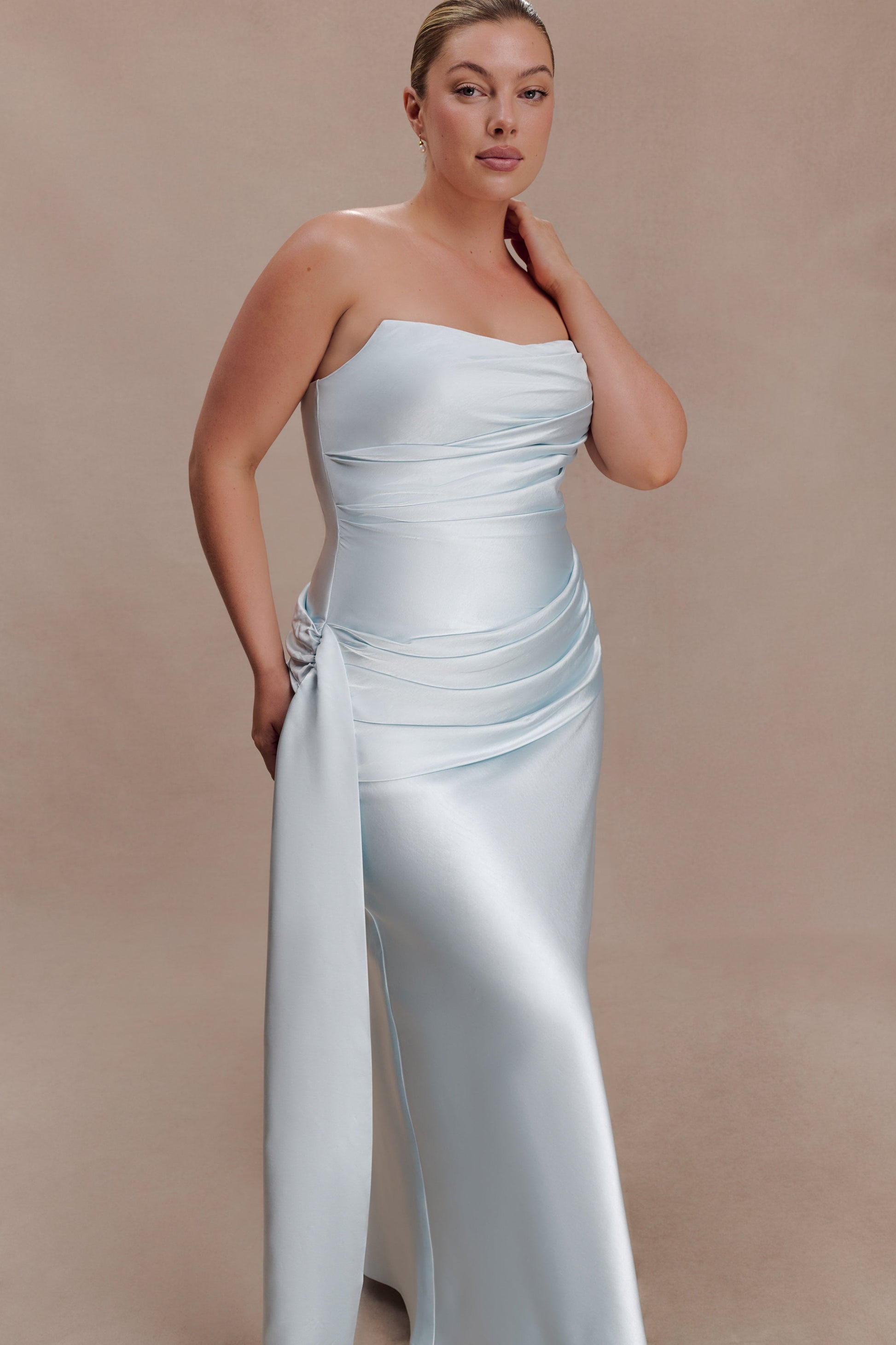 Sarah Strapless Maxi Dress With Waist Tie - Ice Blue | MESHKI US Sarah Strapless Maxi Dress With Waist Tie - Ice Blue | MESHKI US