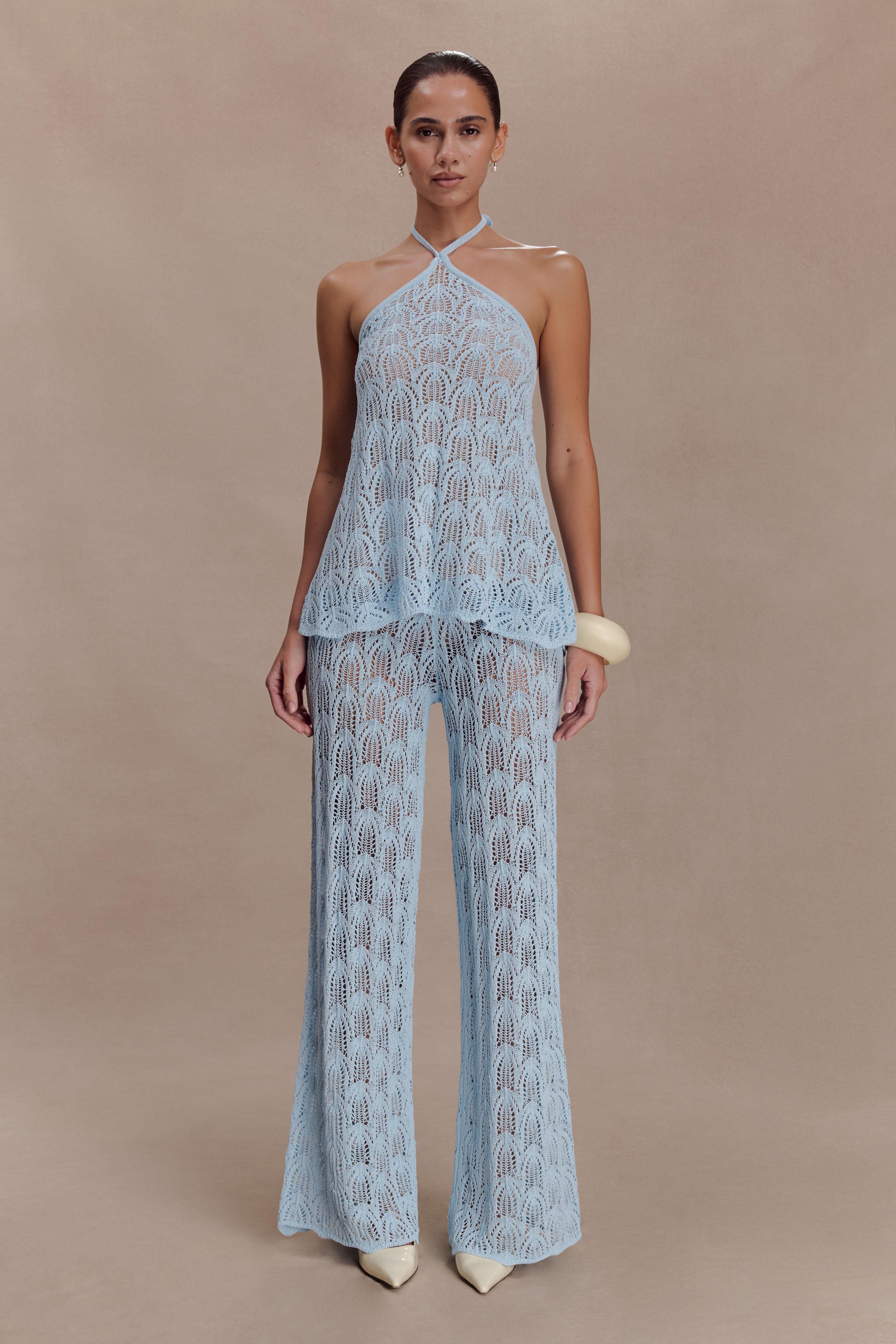 パンツ Ribbon and stone front open tulle pants Glinda Crochet Pants - Light Blue | MESHKI US