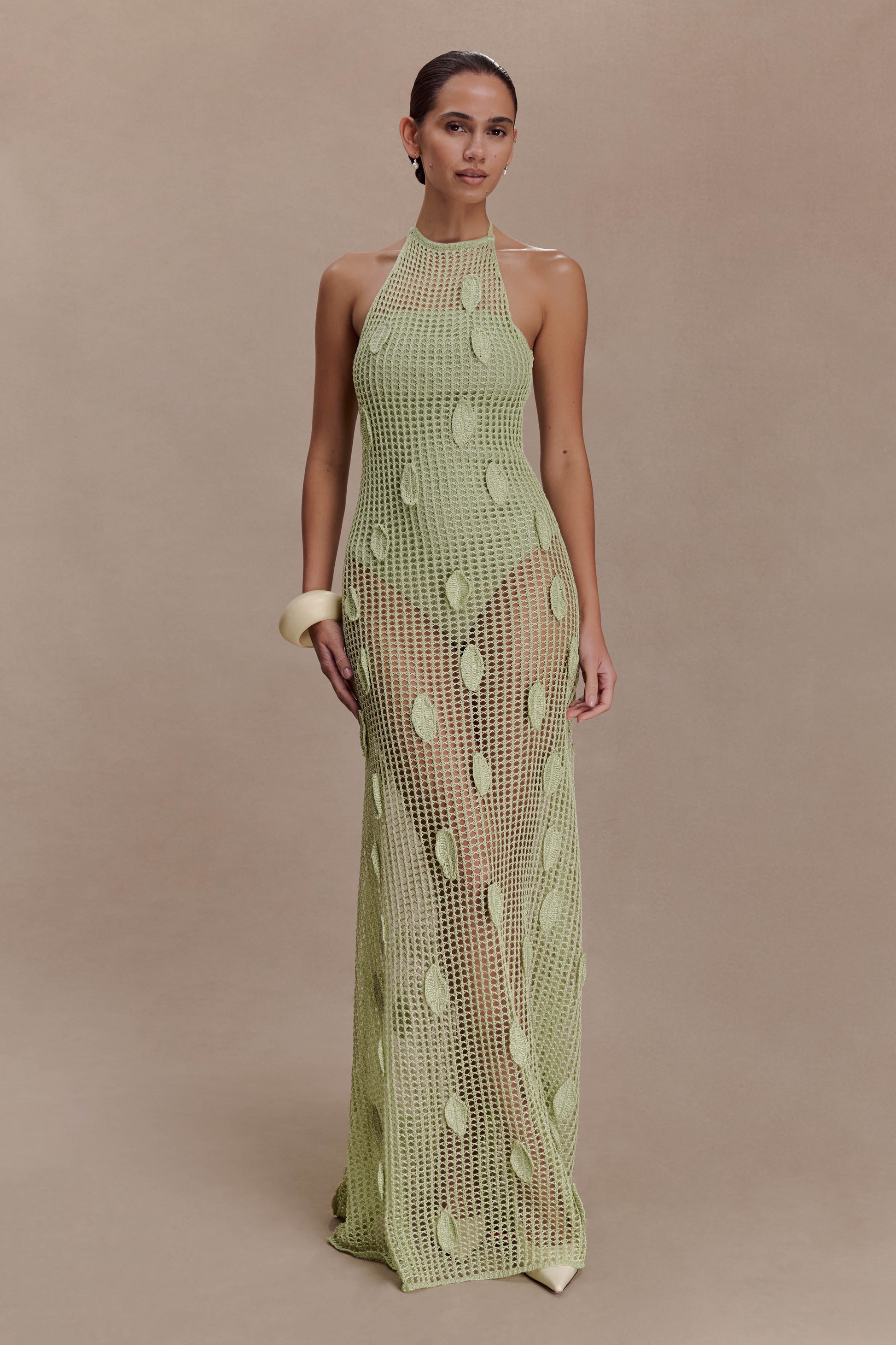 Elfie Crochet Halter Maxi Dress - Pastel Green | MESHKI US Elfie Crochet Halter Maxi Dress - Pastel Green | MESHKI US