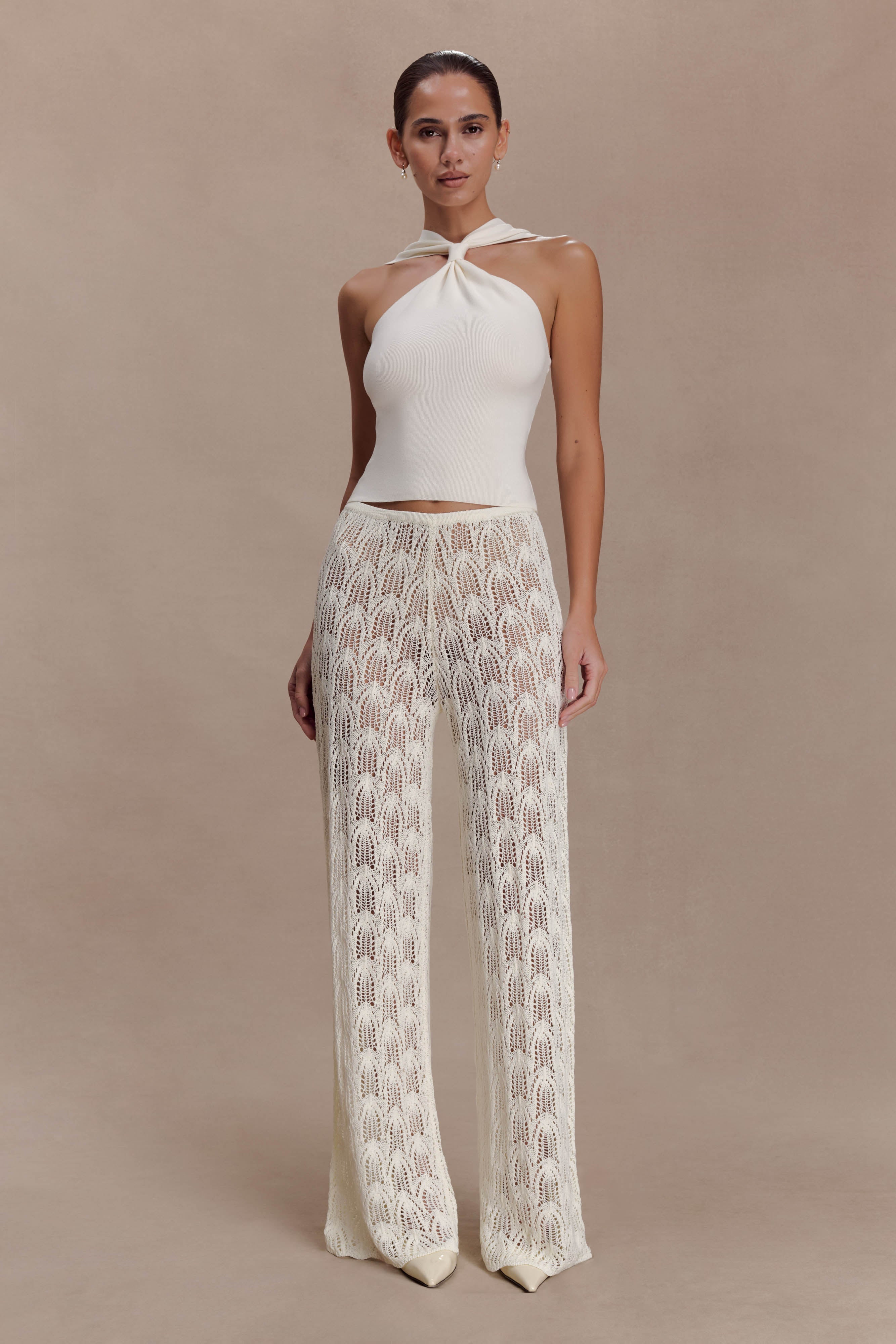 Angelika Twist Front Knit Top - Ivory | MESHKI US