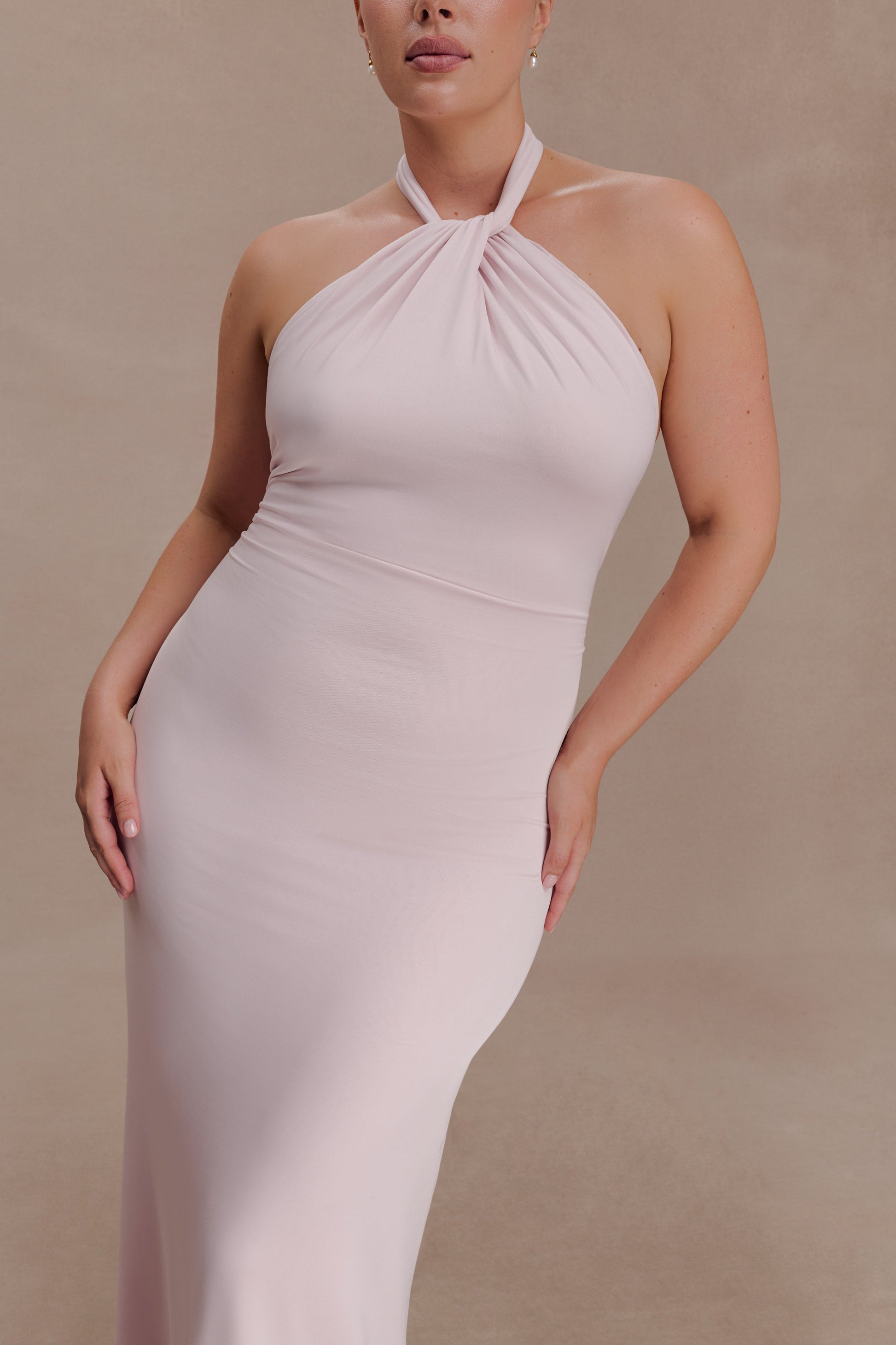 Elyna Slinky Halter Maxi Dress - Pale Pink | MESHKI US Elyna Slinky Halter Maxi Dress - Pale Pink | MESHKI US