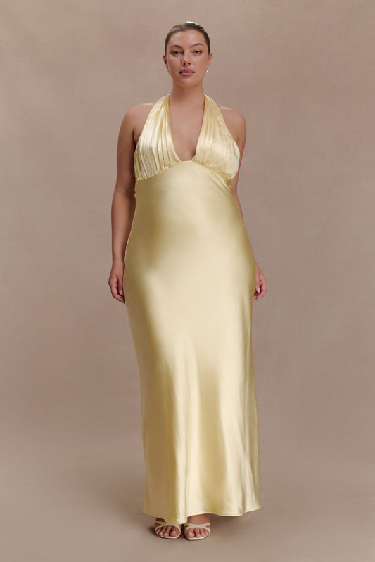 Alice Satin Halter Maxi Dress - Lemon
