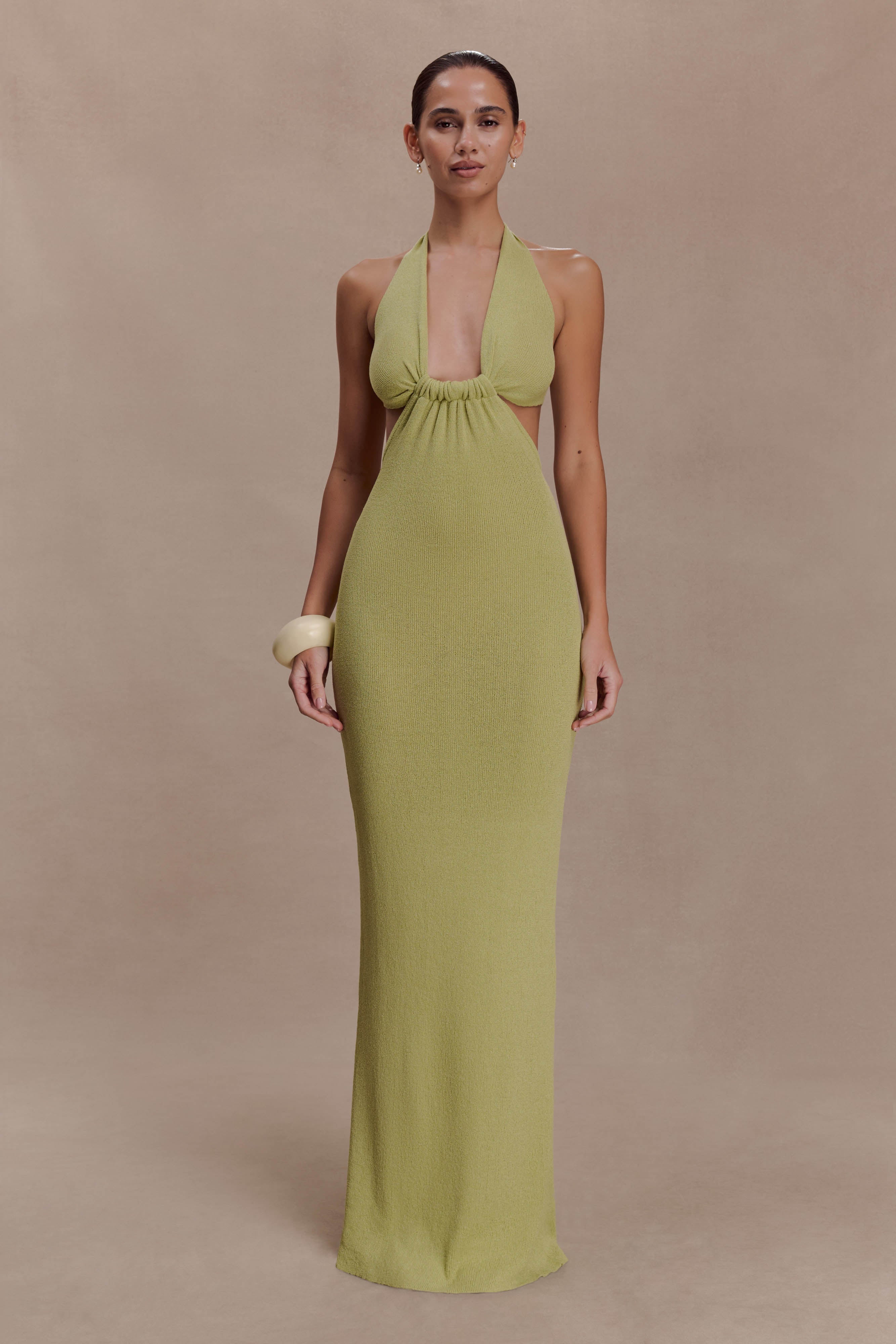 Theresea Halter Knit Maxi Dress / Light Olive | MESHKI | XXL Theresea Halter Knit Maxi Dress / Light Olive | MESHKI | XXL