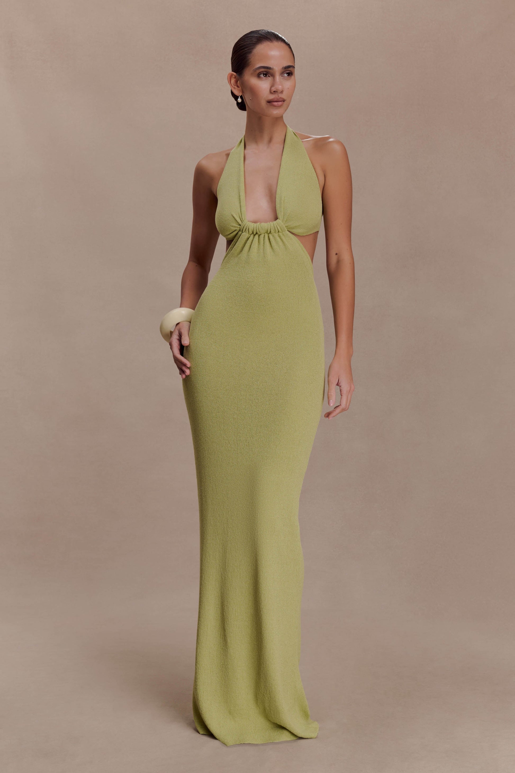 Theresea Halter Knit Maxi Dress / Light Olive | MESHKI | XXL Theresea Halter Knit Maxi Dress / Light Olive | MESHKI | XXL
