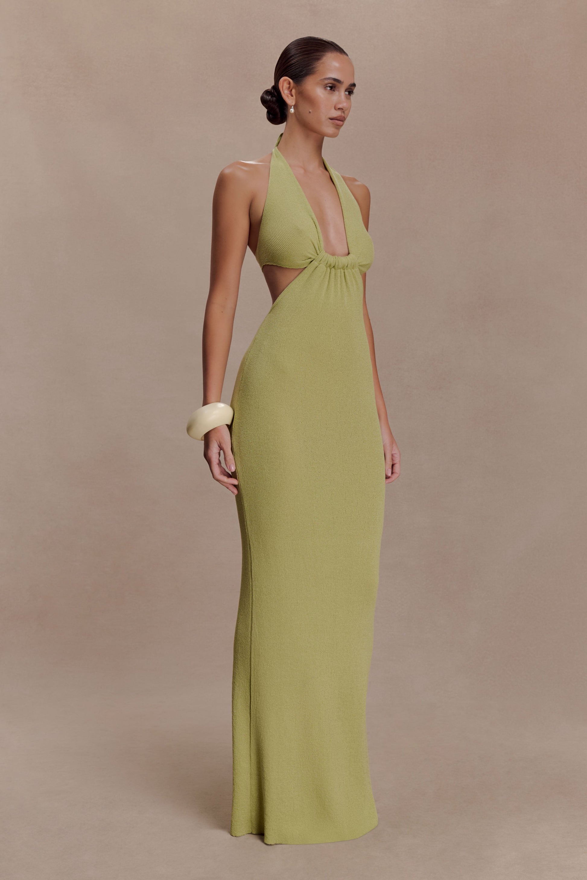 Theresea Halter Knit Maxi Dress / Light Olive | MESHKI | XXL Theresea Halter Knit Maxi Dress / Light Olive | MESHKI | XXL