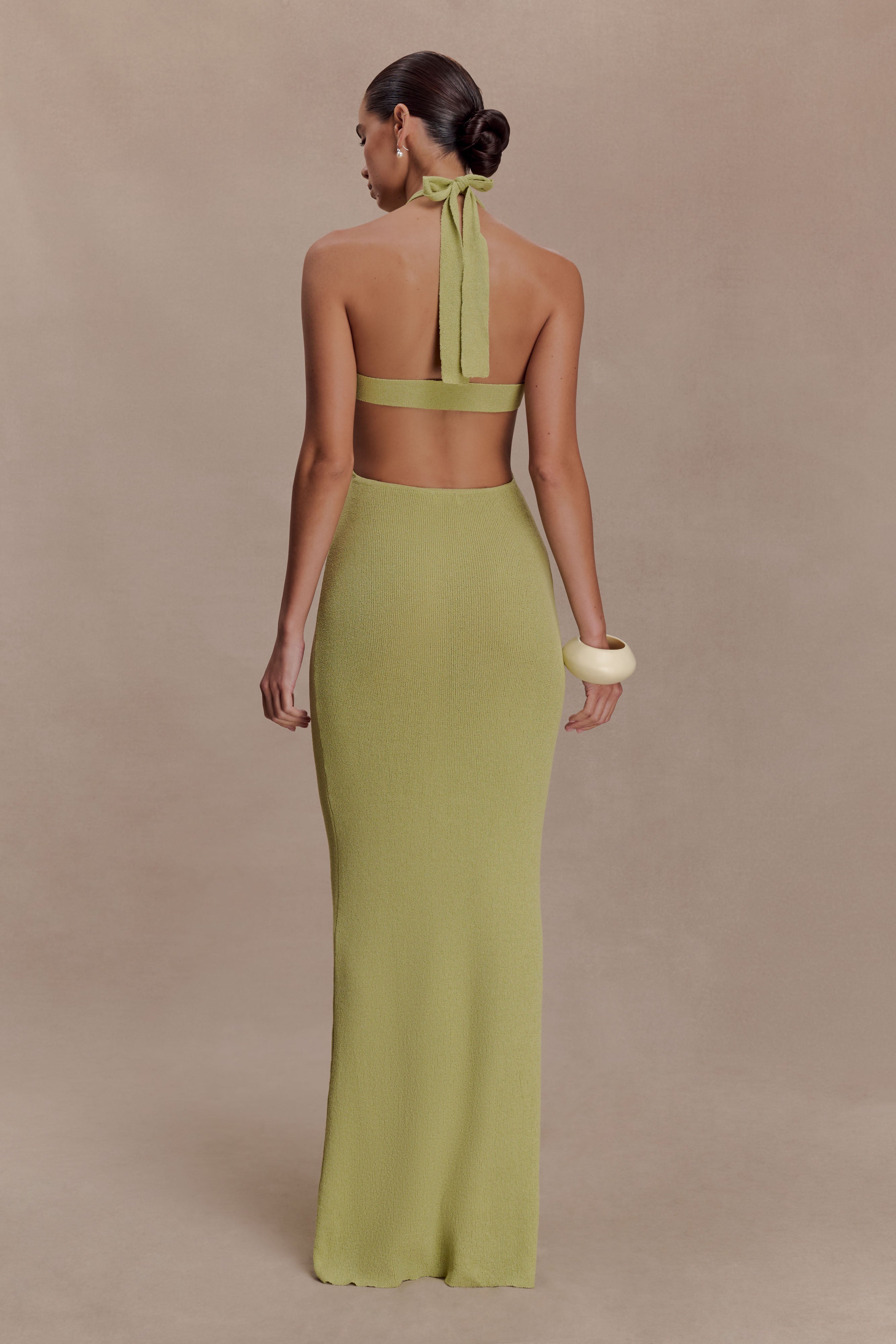 Theresea Halter Knit Maxi Dress - Light Olive | MESHKI US