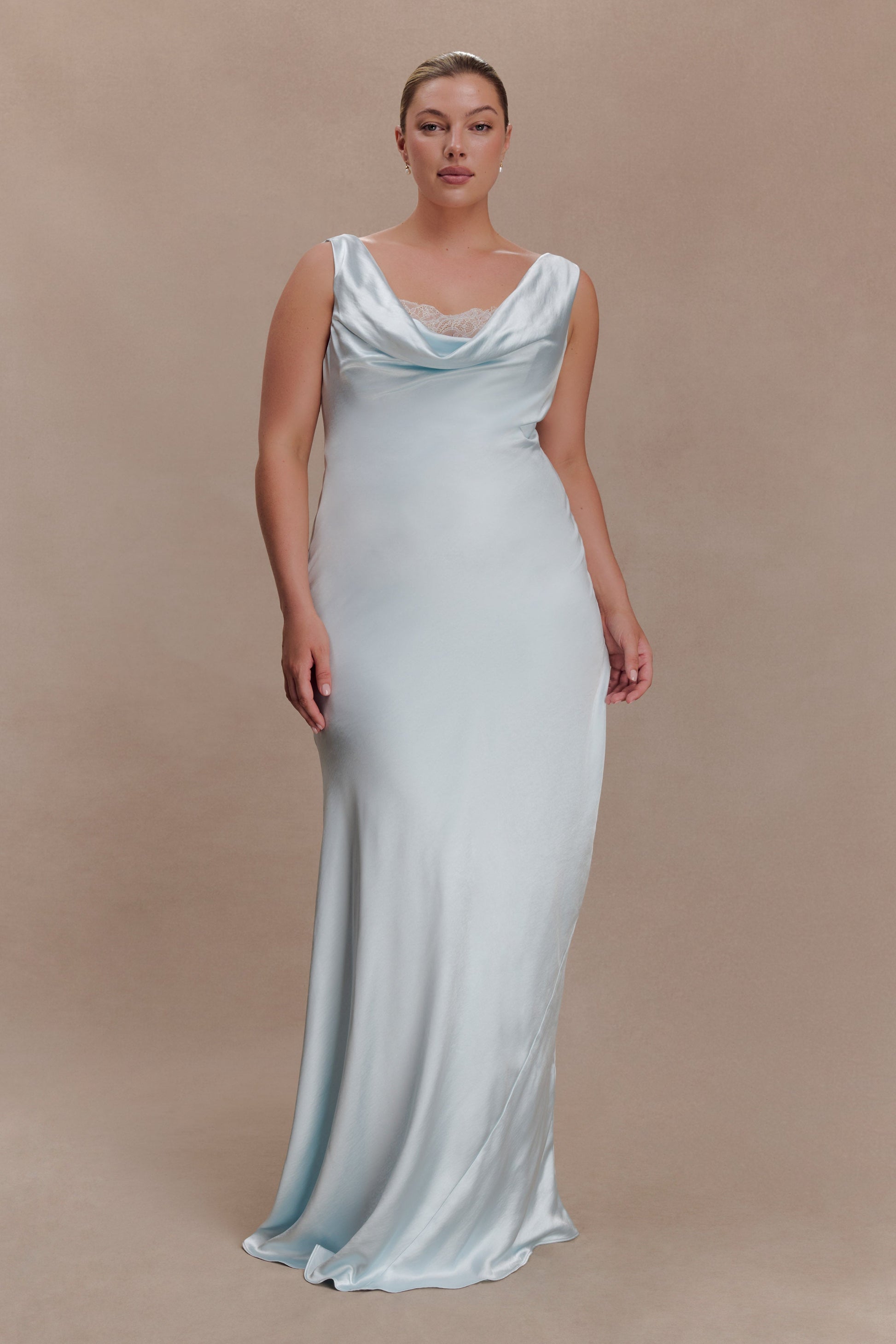 Ashley Cowl Neck Lace And Satin Maxi Dress / Ice Blue | MESHKI