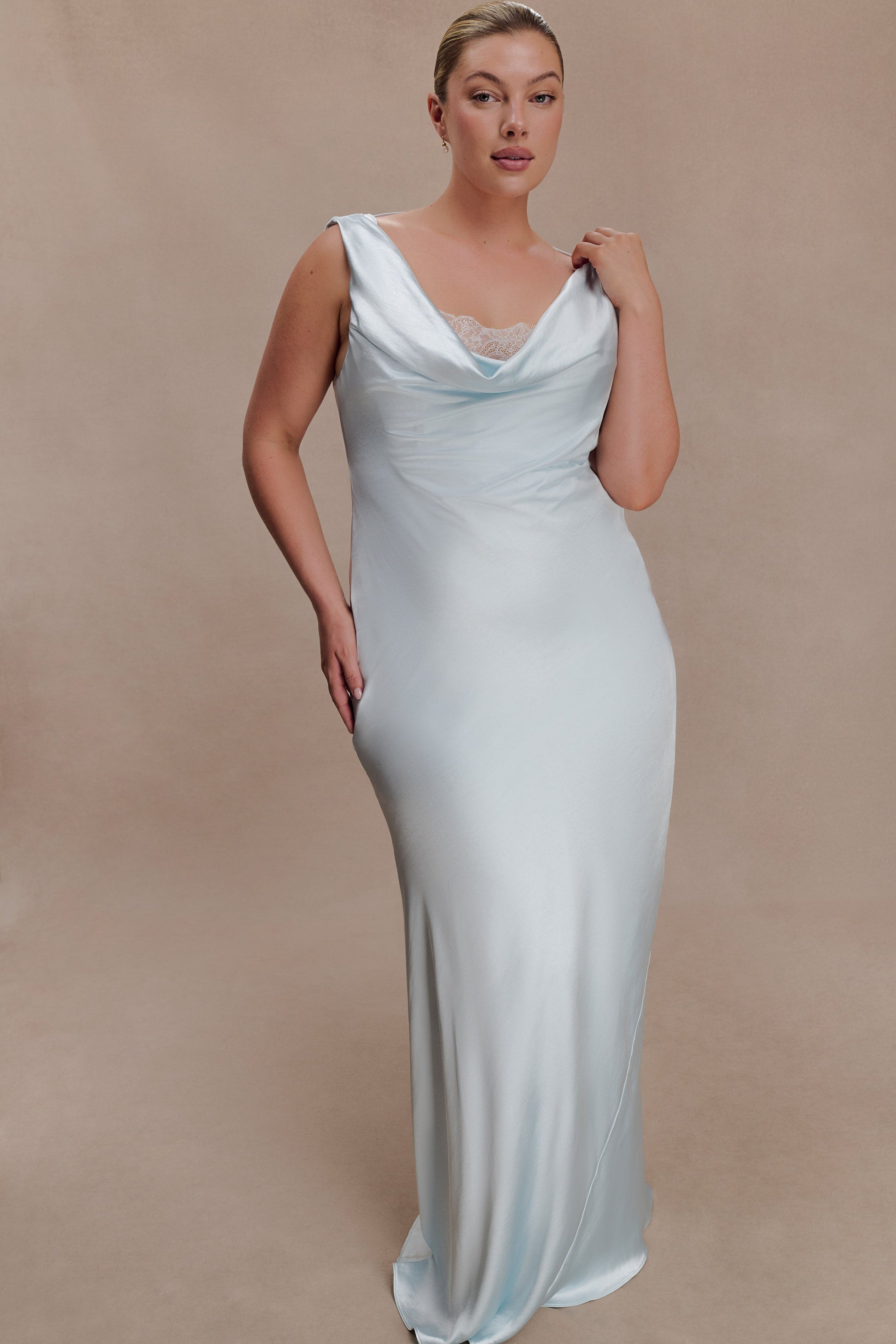 Ashley Cowl Neck Lace And Satin Maxi Dress - Ice Blue #4