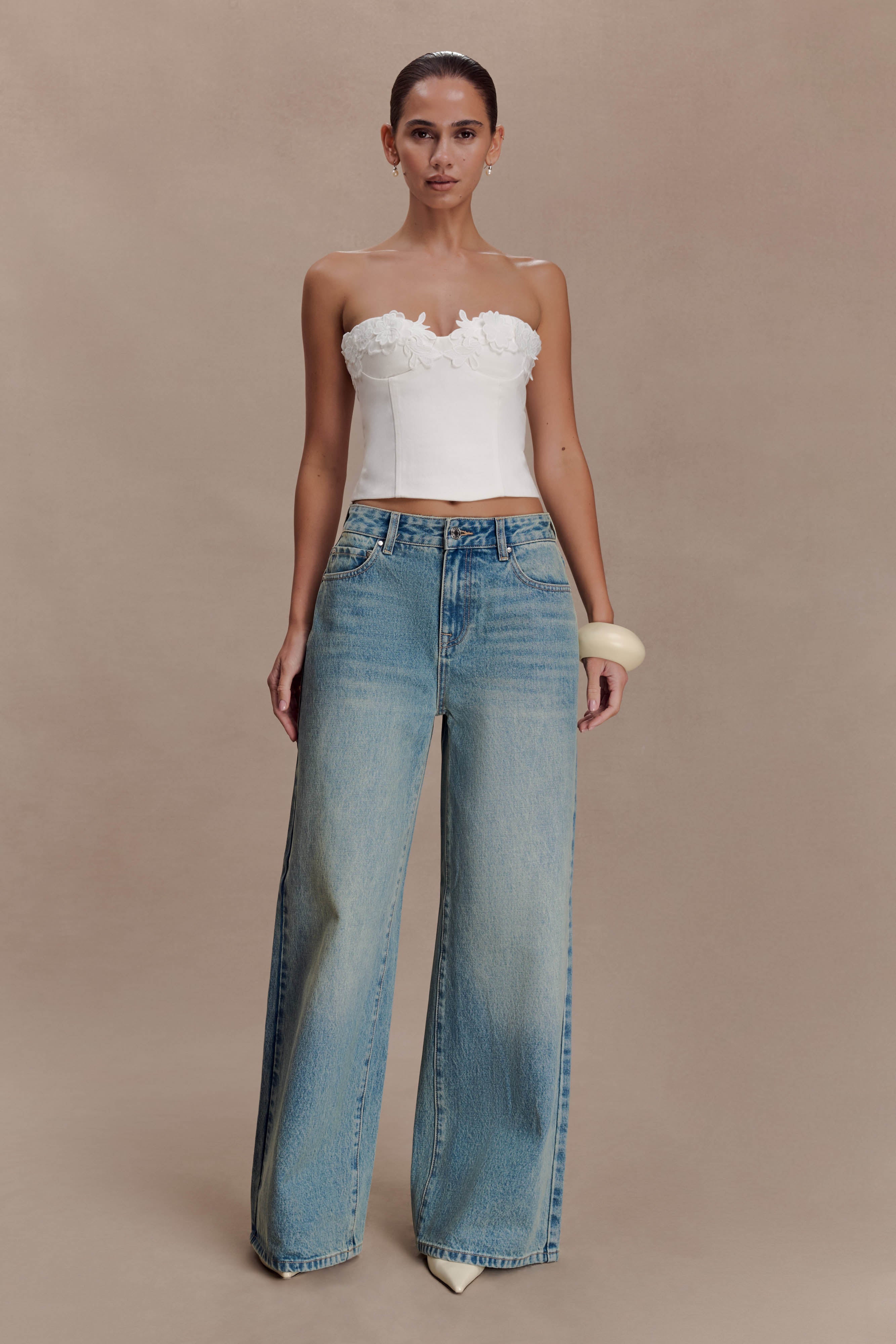 Romi Mid Rise Wide Leg Jeans - Faded Mid Blue | MESHKI US