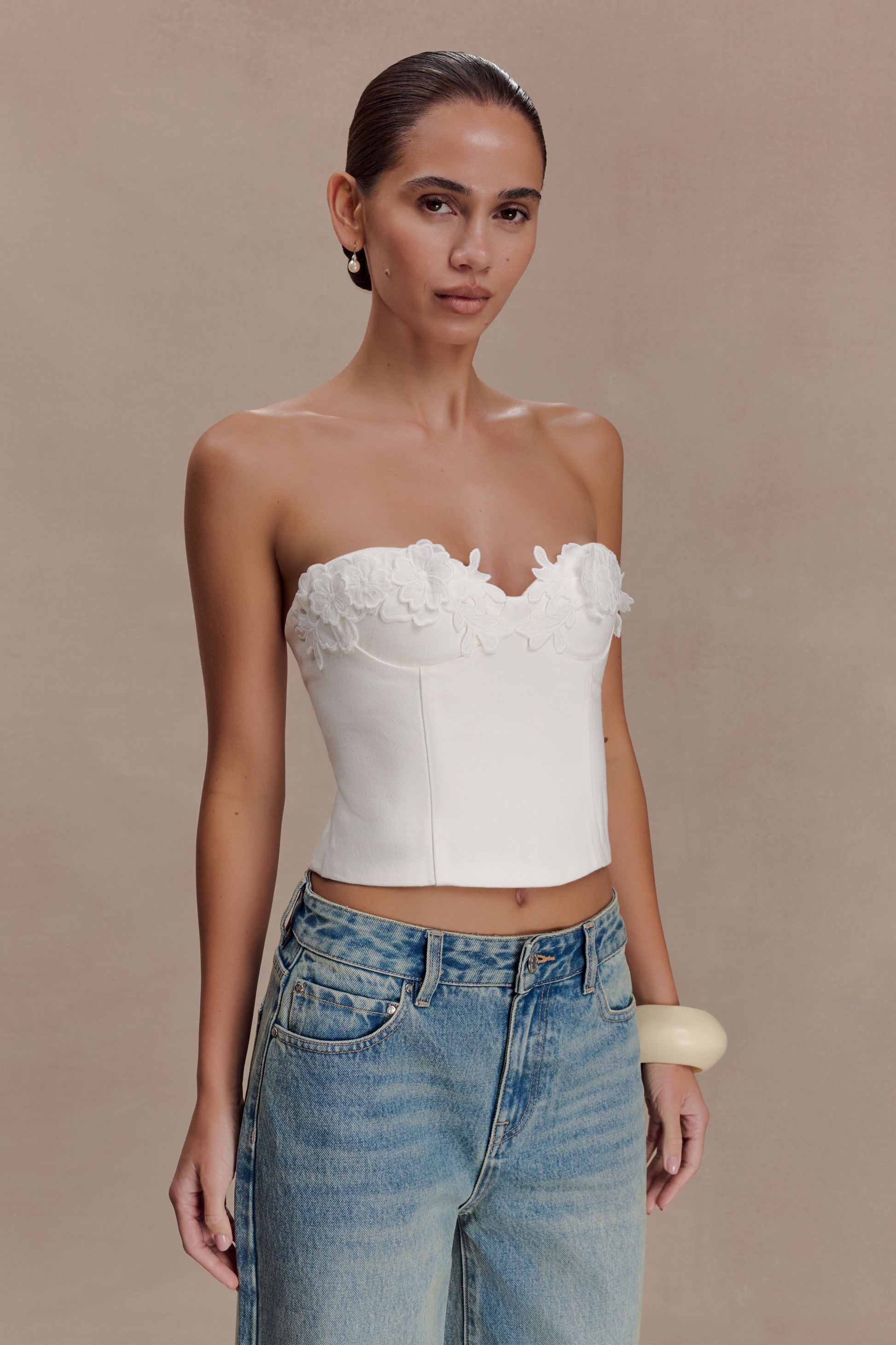 Melany Applique Denim Bustier - White #3