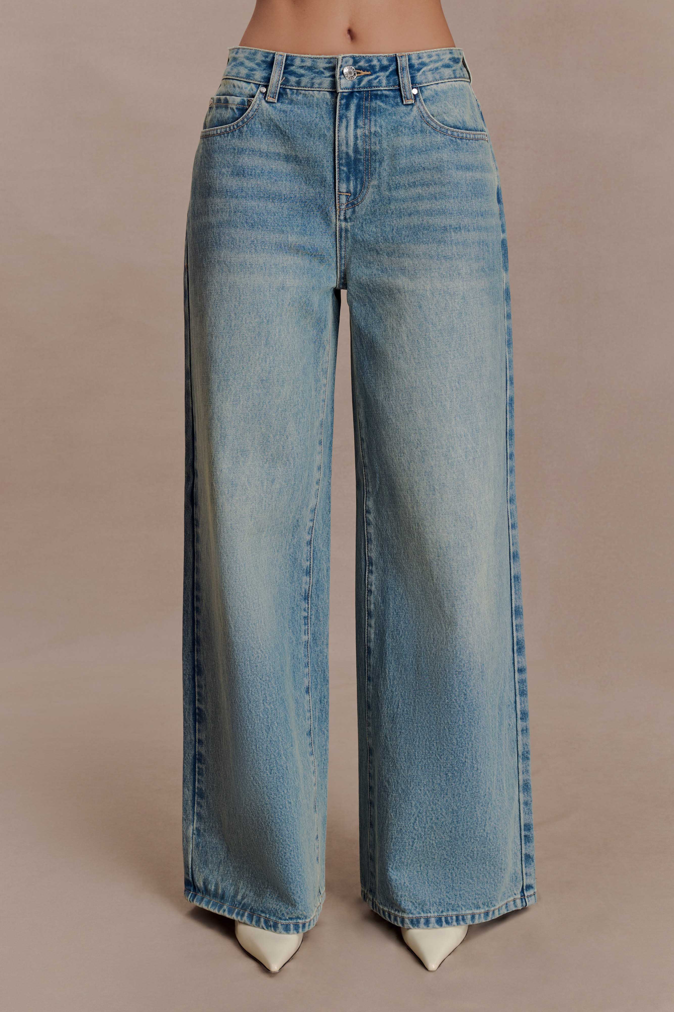Romi Mid Rise Wide Leg Jeans - Faded Mid Blue | MESHKI US