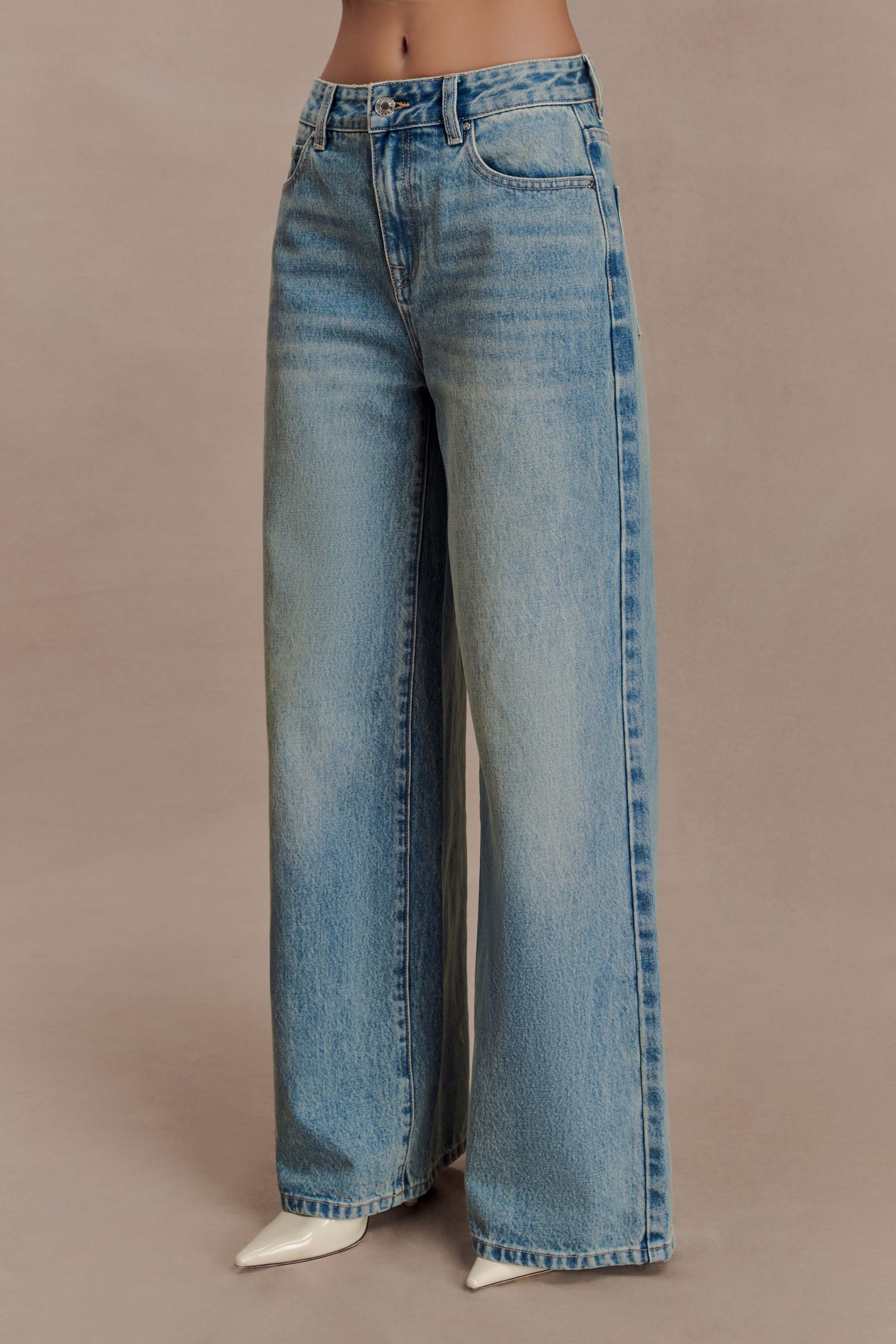 Romi Mid Rise Wide Leg Jeans - Faded Mid Blue | MESHKI US