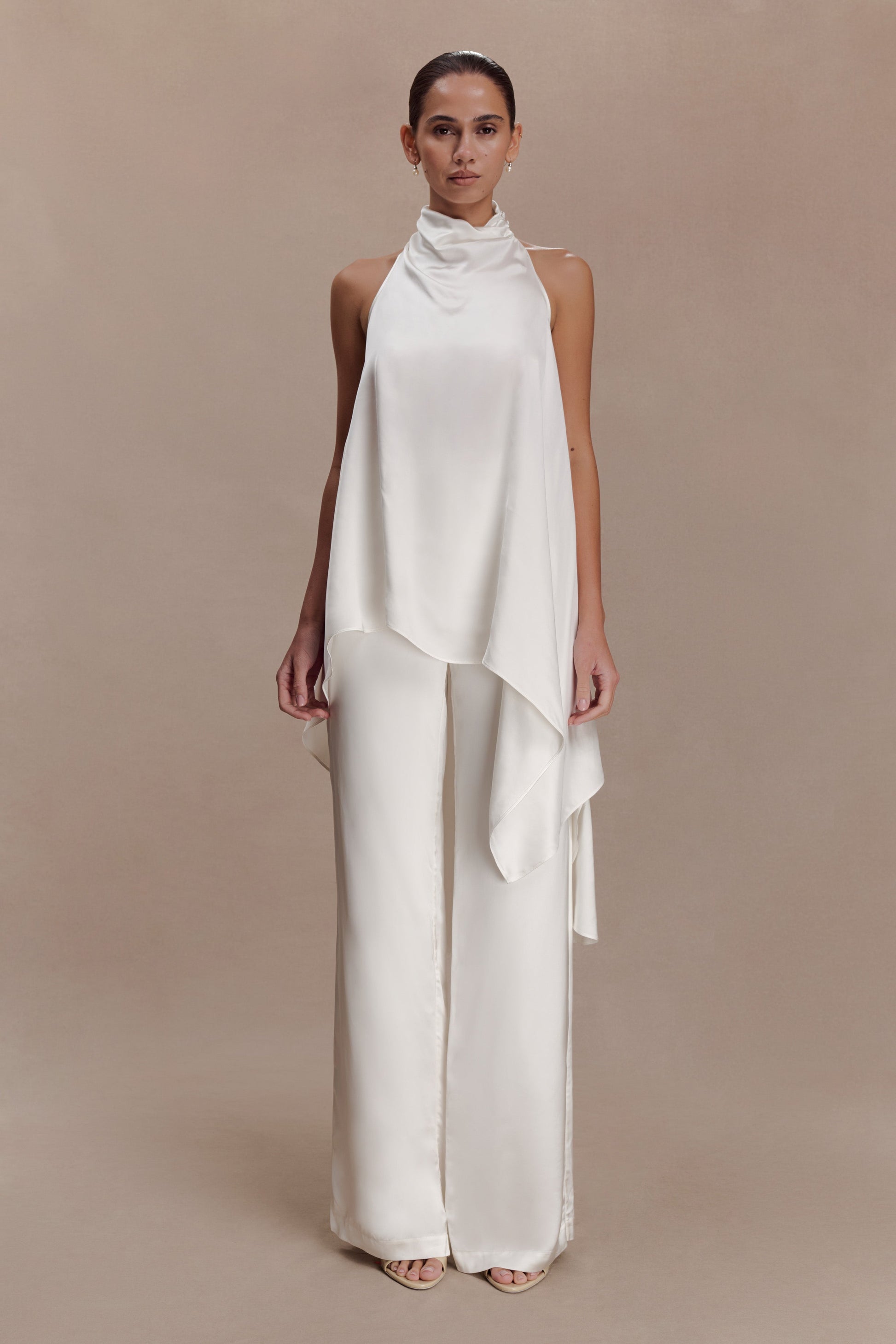 Sydney Asymmetrical Satin Halter Top - Ivory