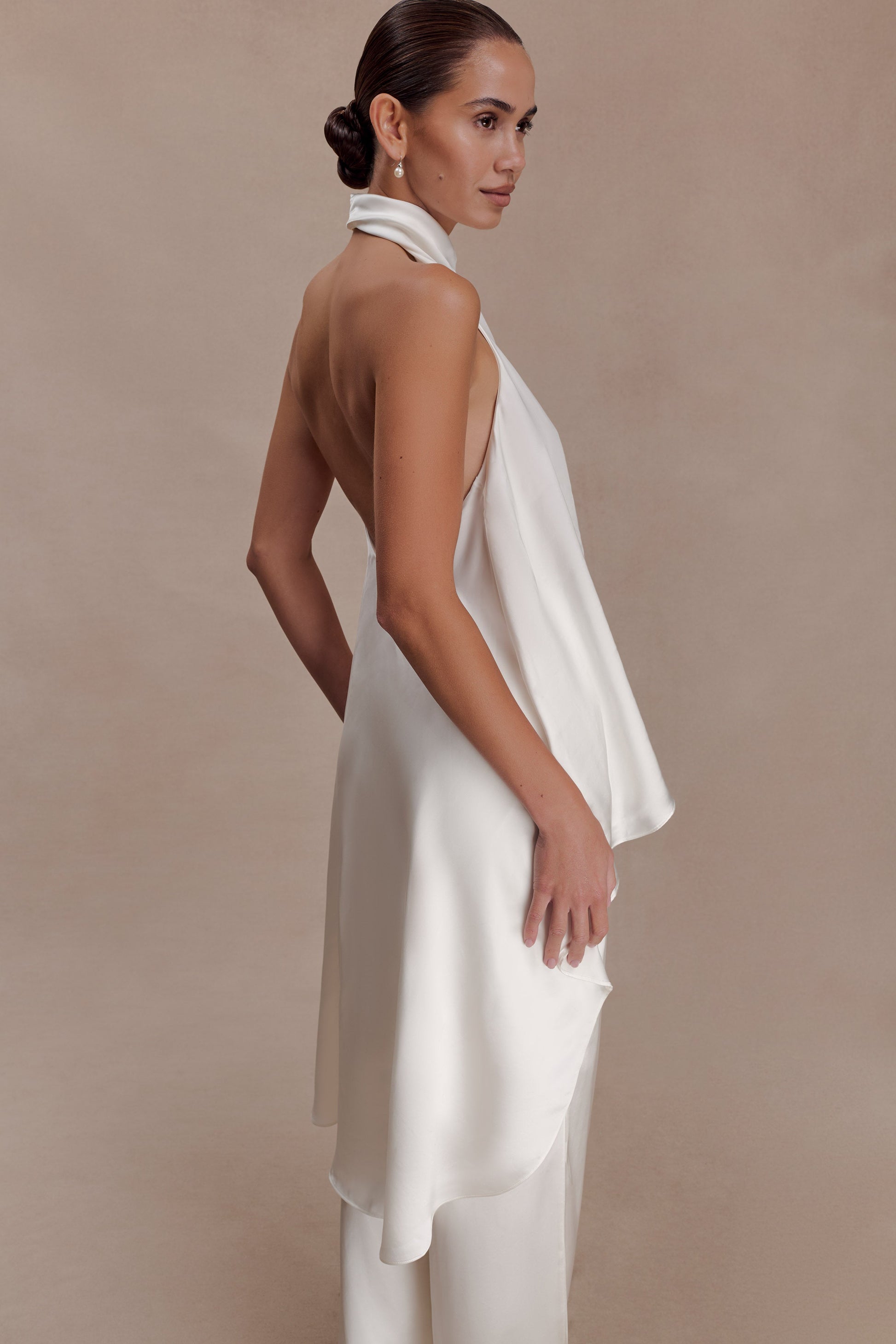 Sydney Asymmetrical Satin Halter Top / Ivory | MESHKI