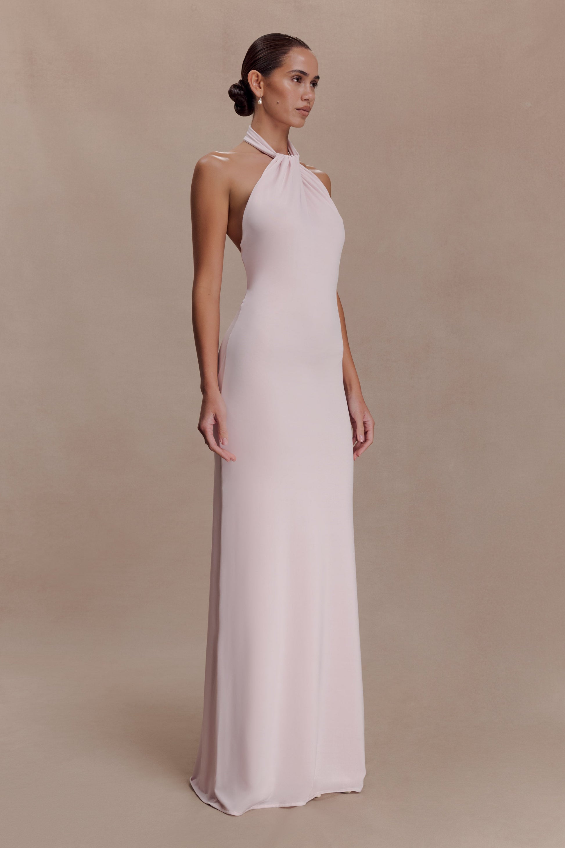 Elyna Slinky Halter Maxi Dress / Pale Pink | MESHKI | XL Elyna Slinky Halter Maxi Dress / Pale Pink | MESHKI | XL