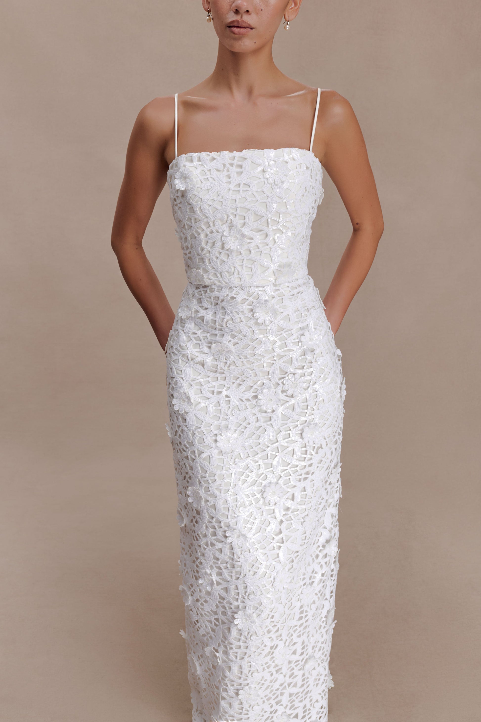 Josefa Sequin Lace Maxi Dress / White | MESHKI | XS Josefa Sequin Lace Maxi Dress / White | MESHKI | XS