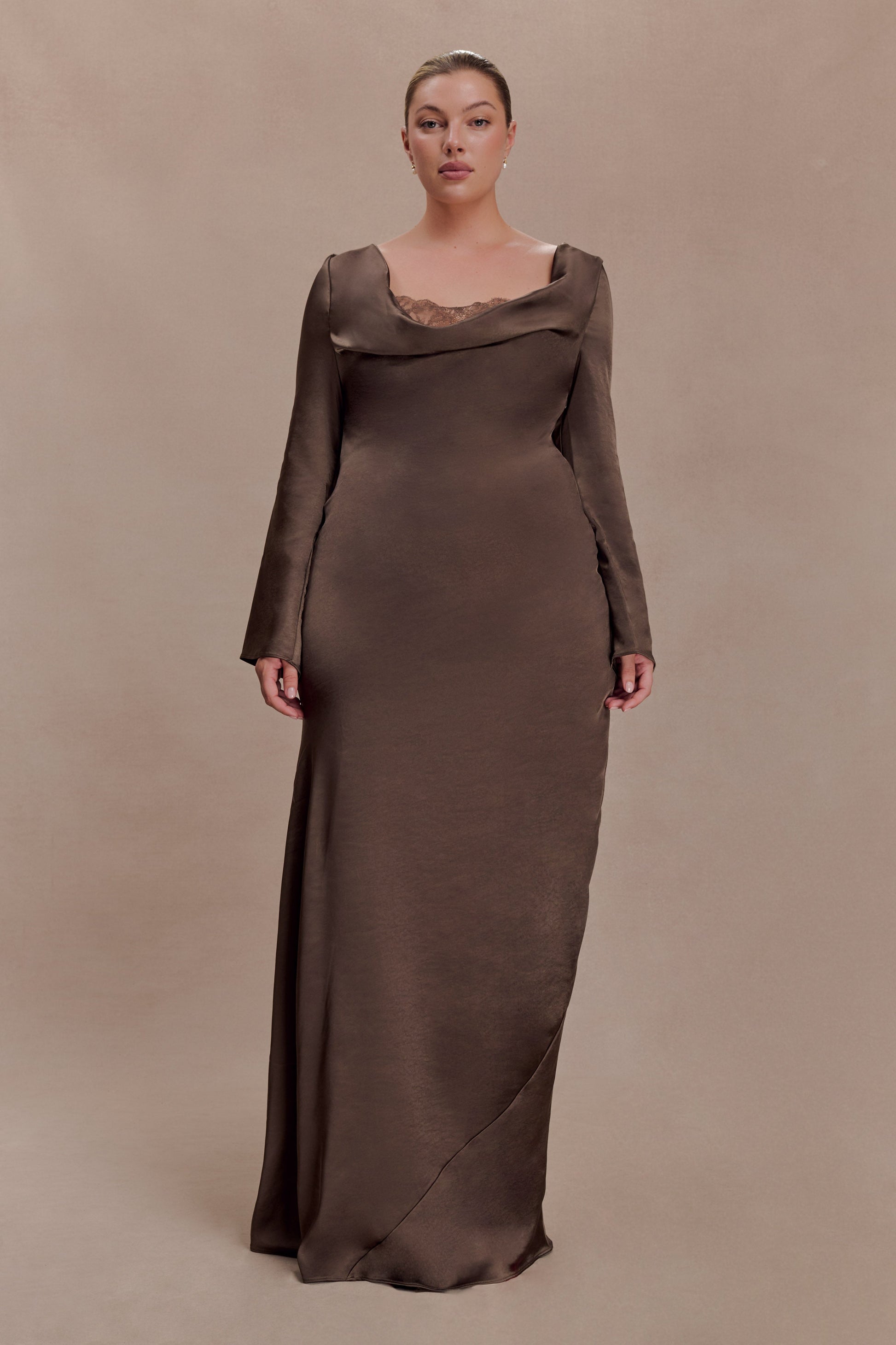 Eliza Long Sleeve Cowl Lace And Satin Maxi Dress - Mocha | MESHKI US Eliza Long Sleeve Cowl Lace And Satin Maxi Dress - Mocha | MESHKI US