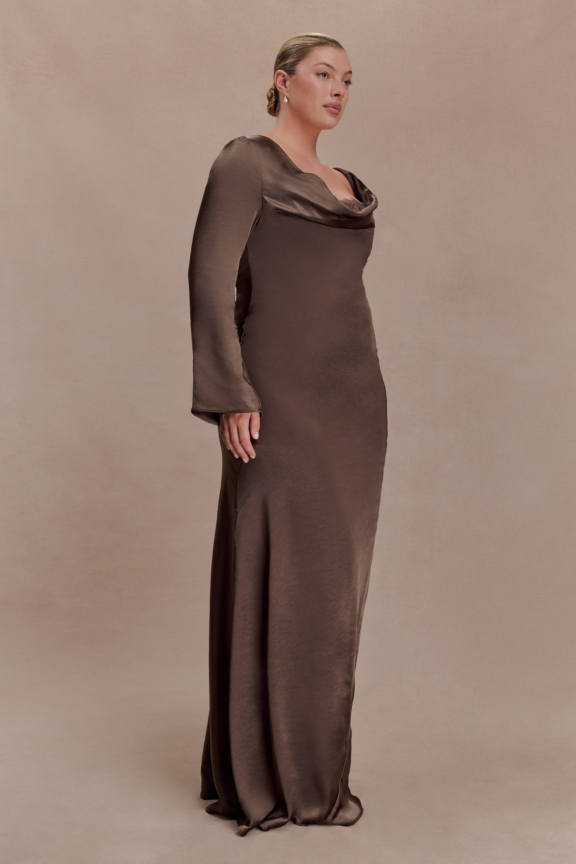 Eliza Long Sleeve Cowl Lace And Satin Maxi Dress / Mocha | MESHKI | XXS Eliza Long Sleeve Cowl Lace And Satin Maxi Dress / Mocha | MESHKI | XXS