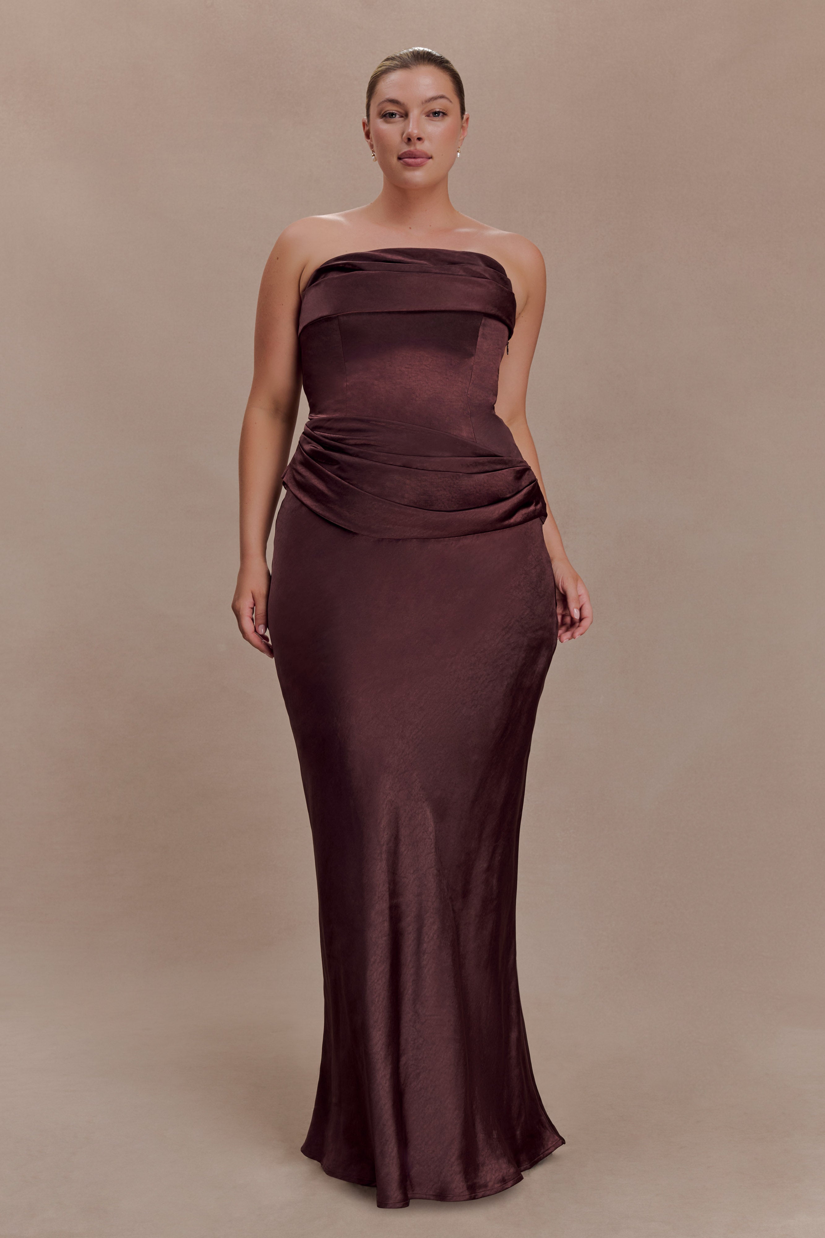 Jasmine Strapless Satin Maxi Dress - Dark Chocolate | MESHKI US