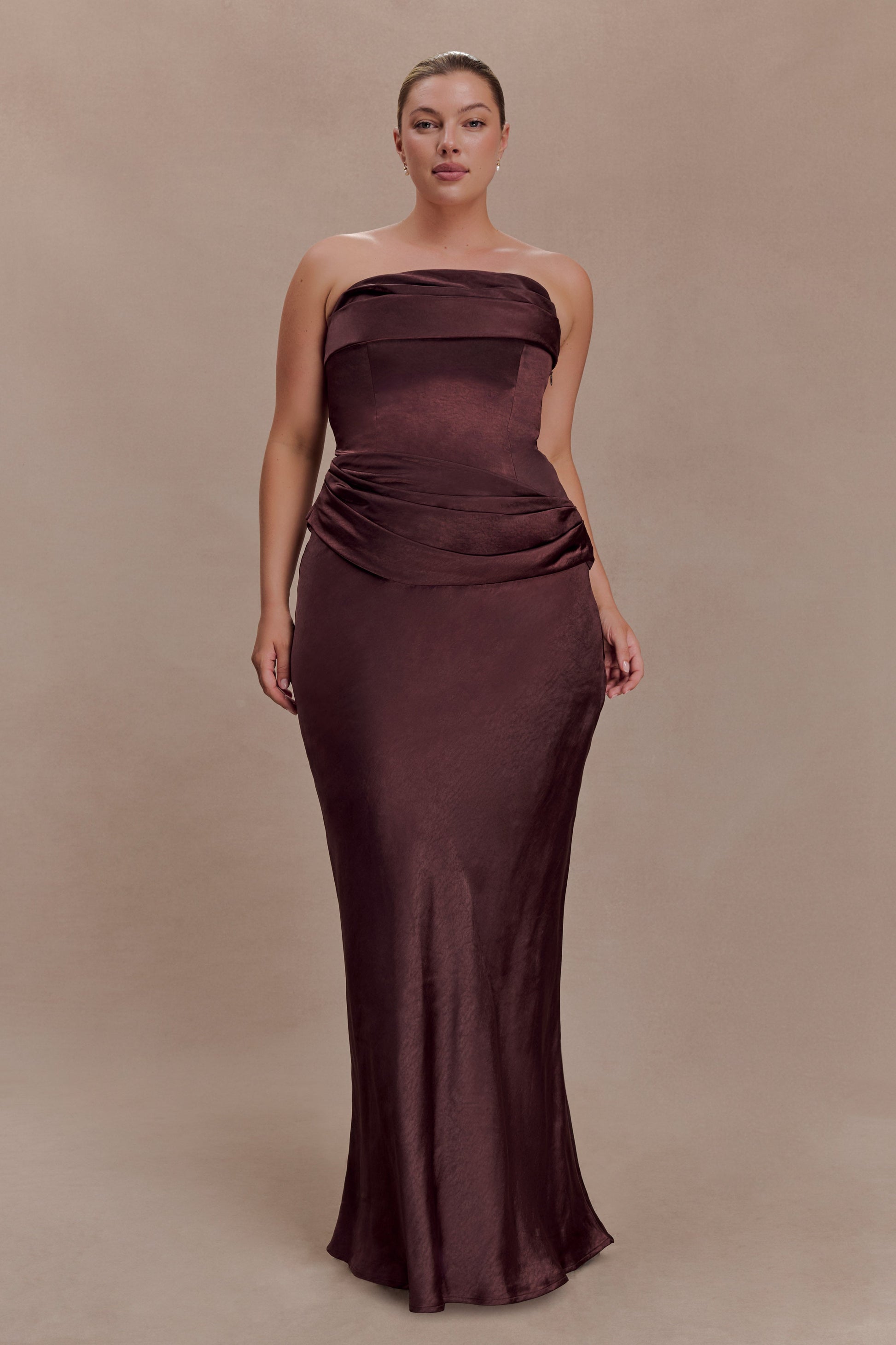 Jasmine Strapless Satin Maxi Dress / Dark Chocolate | MESHKI