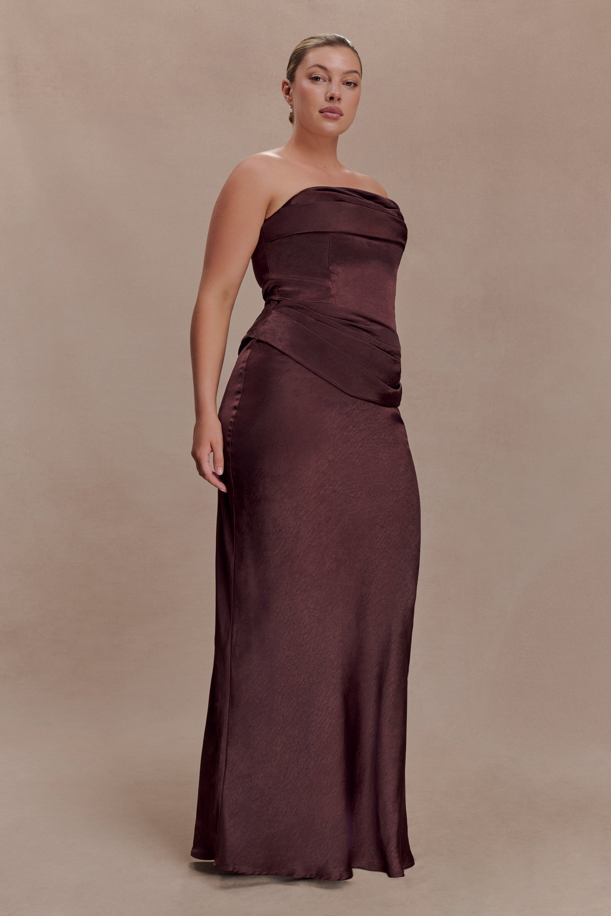 Jasmine Strapless Satin Maxi Dress / Dark Chocolate | MESHKI | XS Jasmine Strapless Satin Maxi Dress / Dark Chocolate | MESHKI | XS