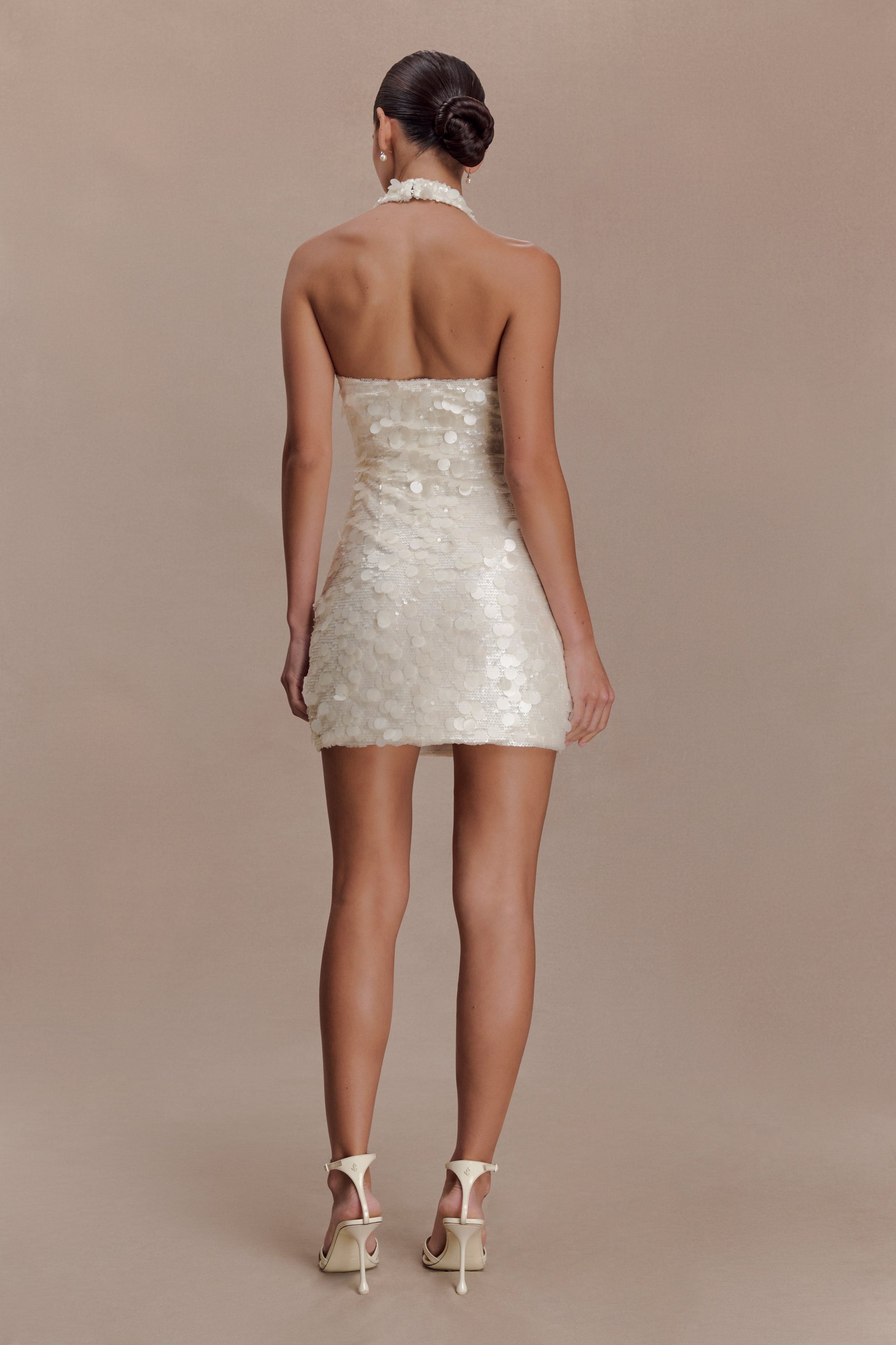 Caralee Sequin Halter Mini Dress - Ivory | MESHKI US Caralee Sequin Halter Mini Dress - Ivory | MESHKI US
