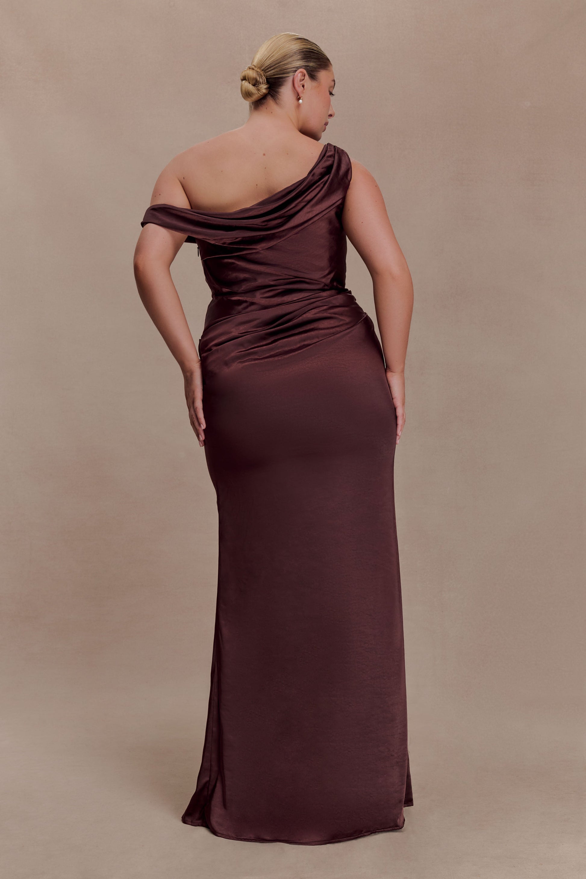 Dalia Off Shoulder Satin Maxi Dress - Dark Chocolate | MESHKI US Dalia Off Shoulder Satin Maxi Dress - Dark Chocolate | MESHKI US
