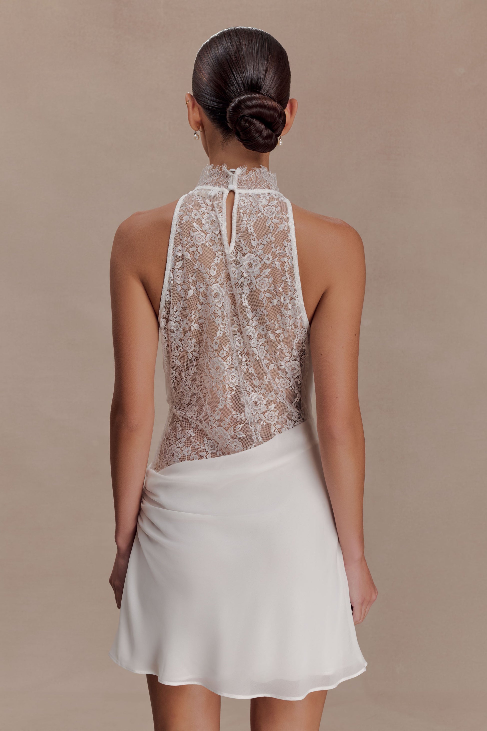 Arra Chiffon And Lace Halter Mini Dress / White | MESHKI