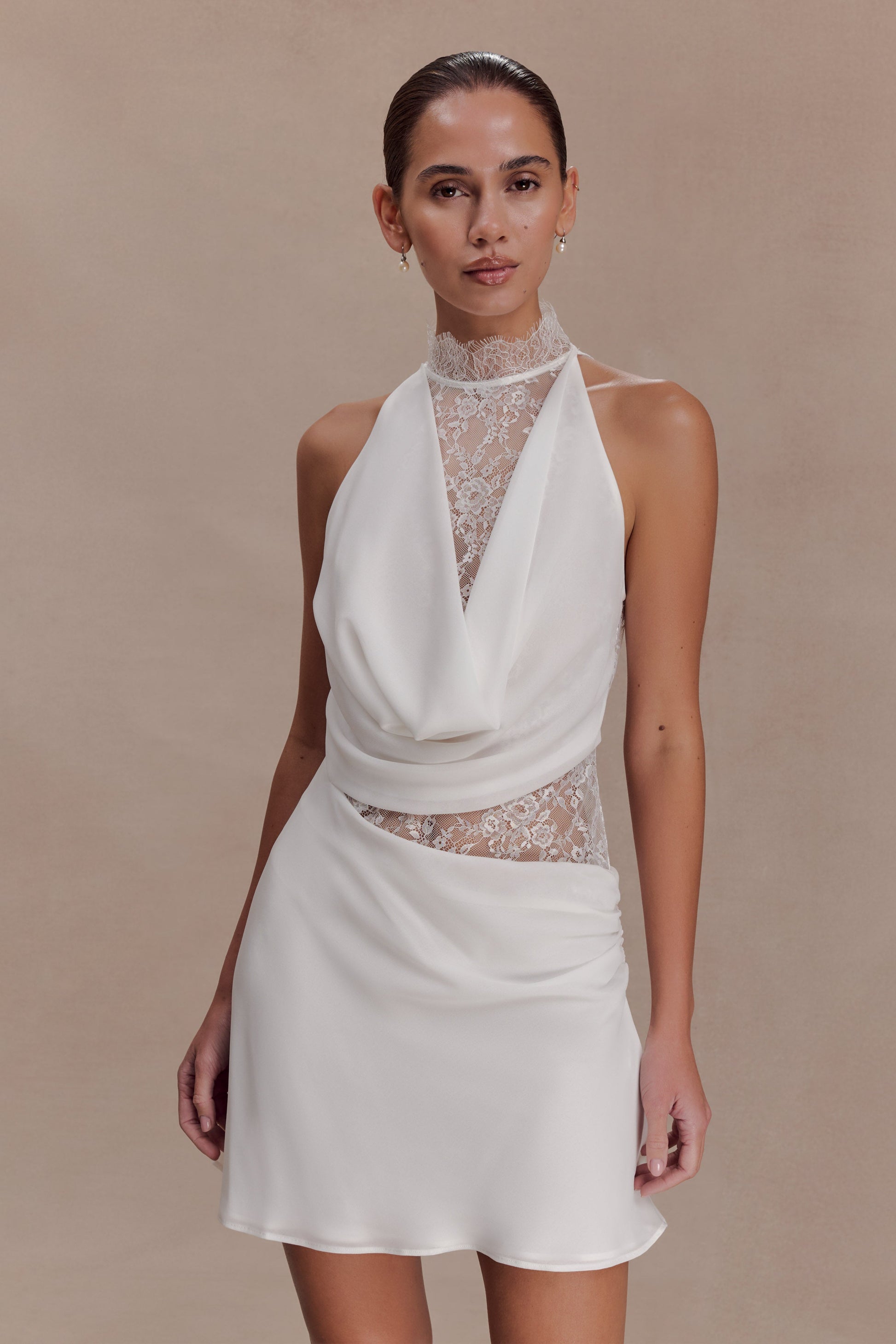 Arra Chiffon And Lace Halter Mini Dress / White | MESHKI