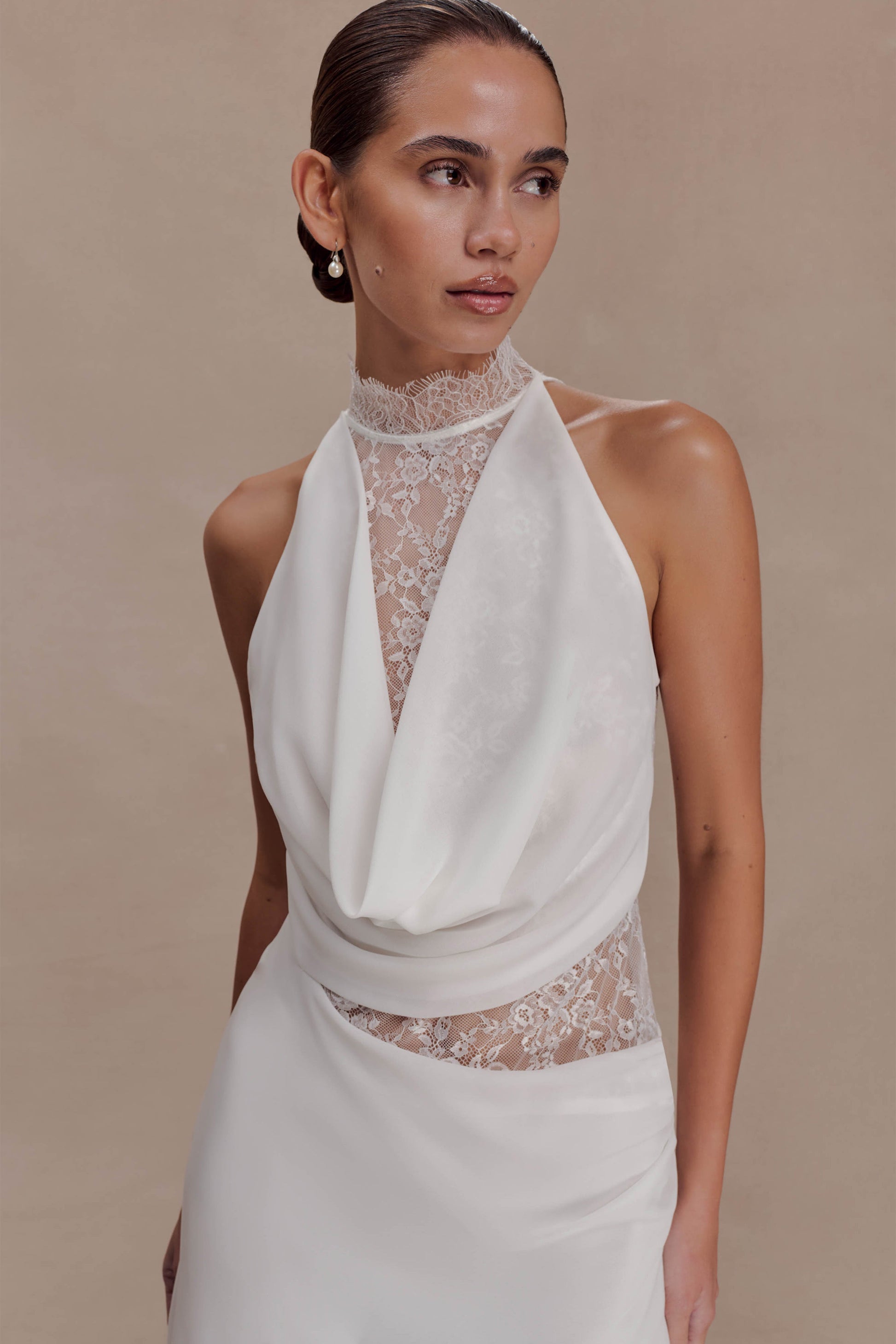 Arra Chiffon And Lace Halter Mini Dress / White | MESHKI