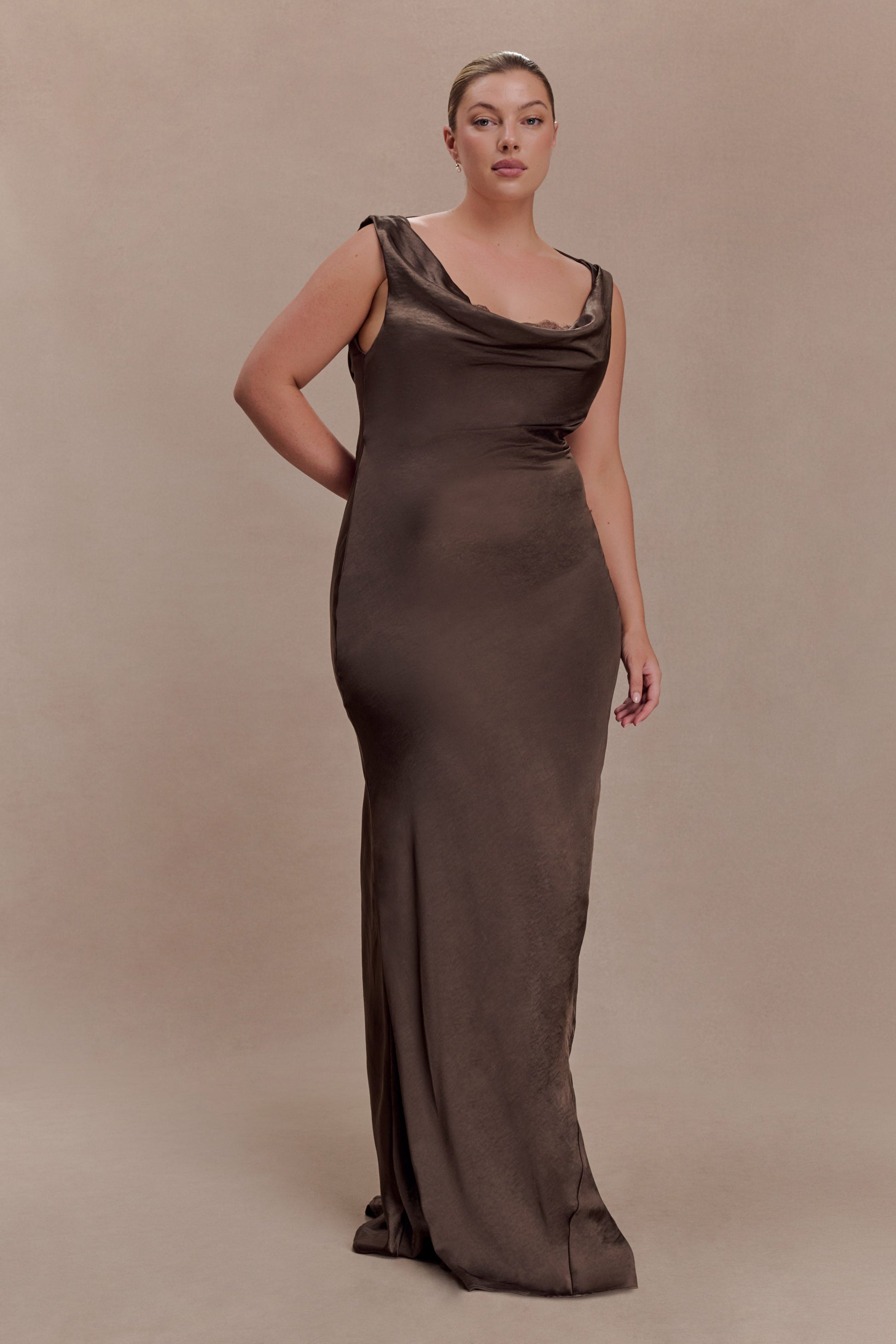 Ashley Cowl Neck Lace And Satin Maxi Dress / Mocha | MESHKI | XXL Ashley Cowl Neck Lace And Satin Maxi Dress / Mocha | MESHKI | XXL