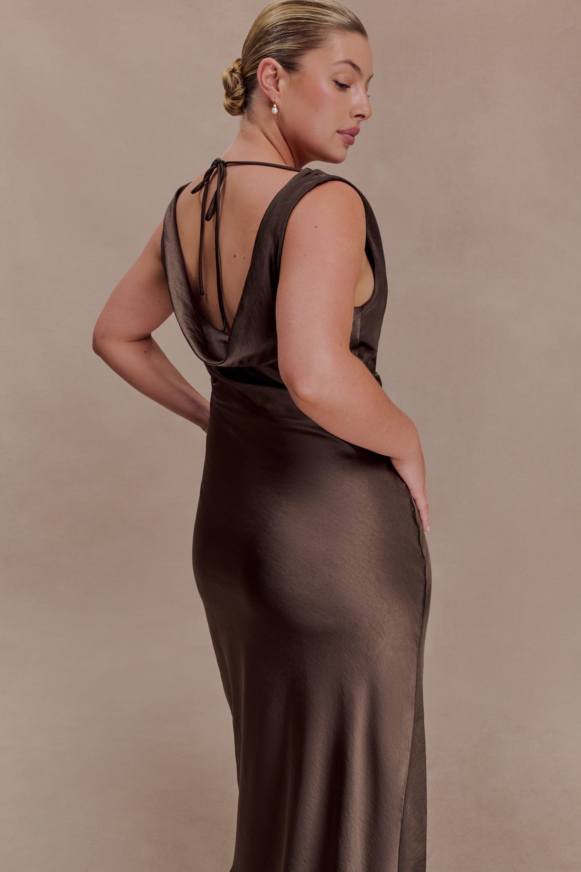 Ashley Cowl Neck Lace And Satin Maxi Dress - Mocha | MESHKI US Ashley Cowl Neck Lace And Satin Maxi Dress - Mocha | MESHKI US