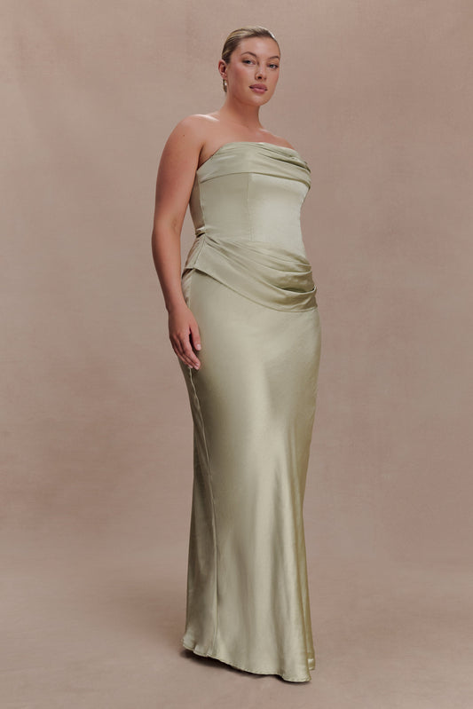 meshki sage green dress Esther Iridescent Satin Cowl Maxi / | this strapless silhouette creates a romantic yet sculpted effect Dalia Off Shoulder Satin Maxi
