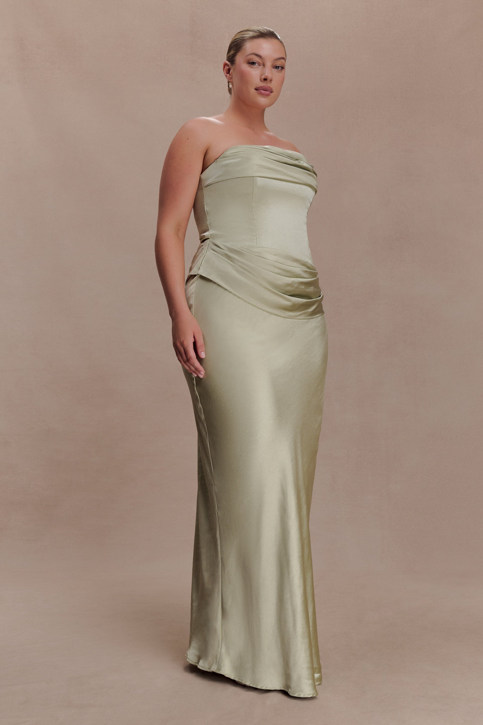 Jasmine Strapless Satin Maxi Dress - Sage
