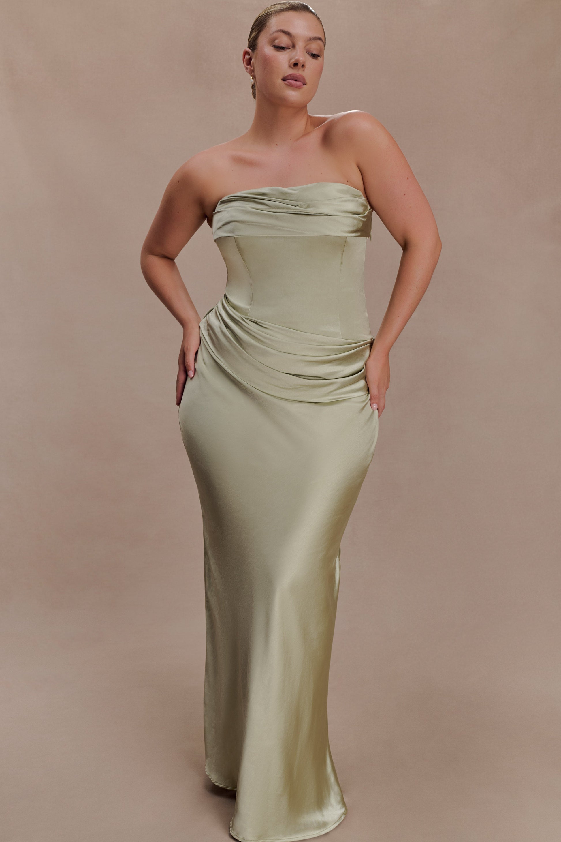 Jasmine Strapless Satin Maxi Dress / Sage | MESHKI