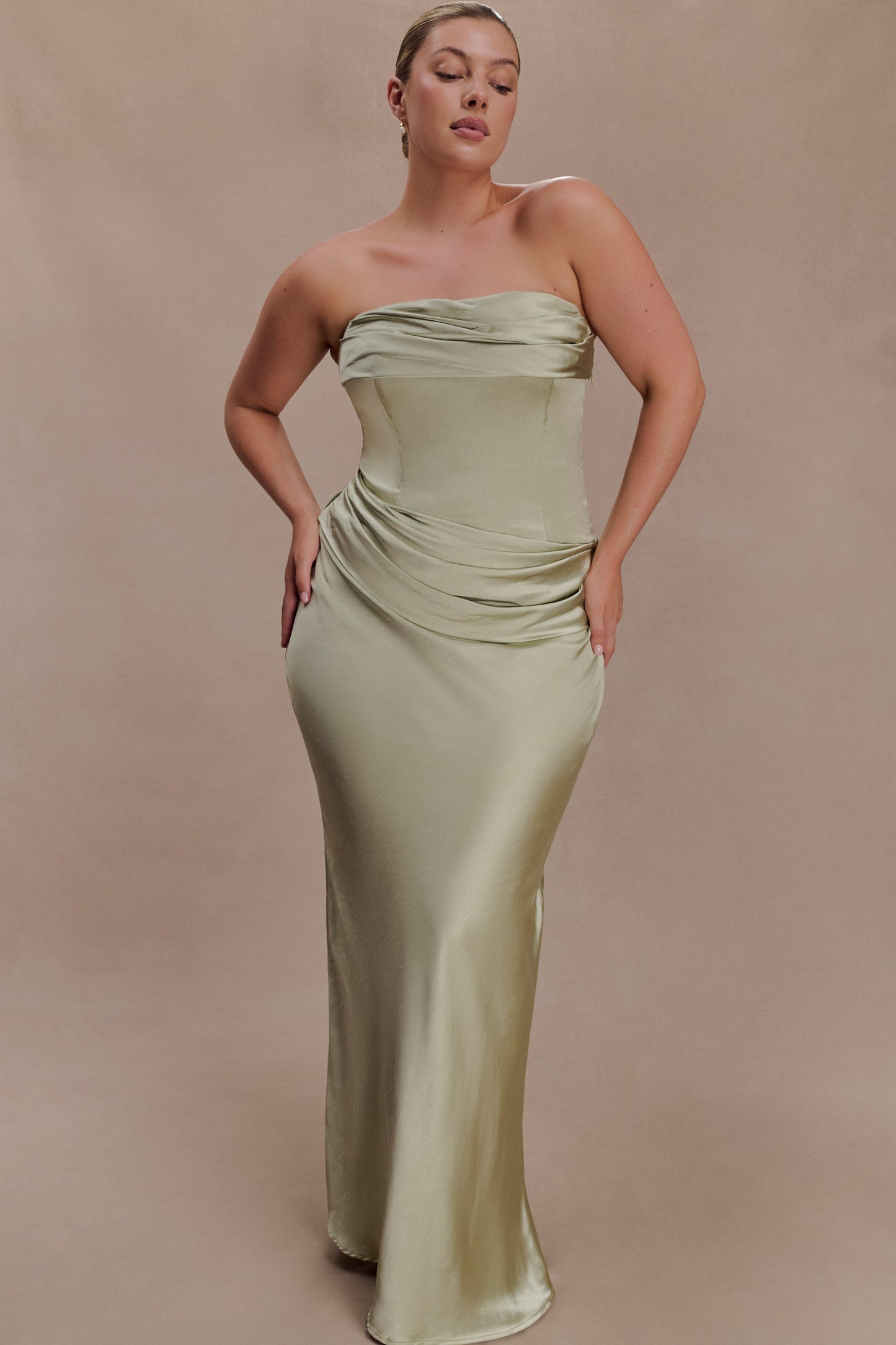 Jasmine Strapless Satin Maxi Dress - Sage