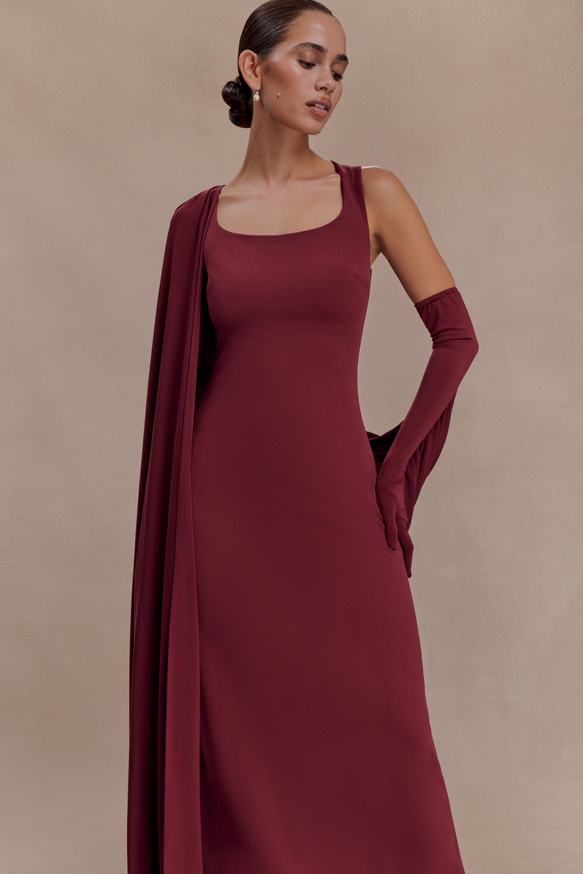 Rhea Detachable Cape Jersey Maxi Dress - Wine #5
