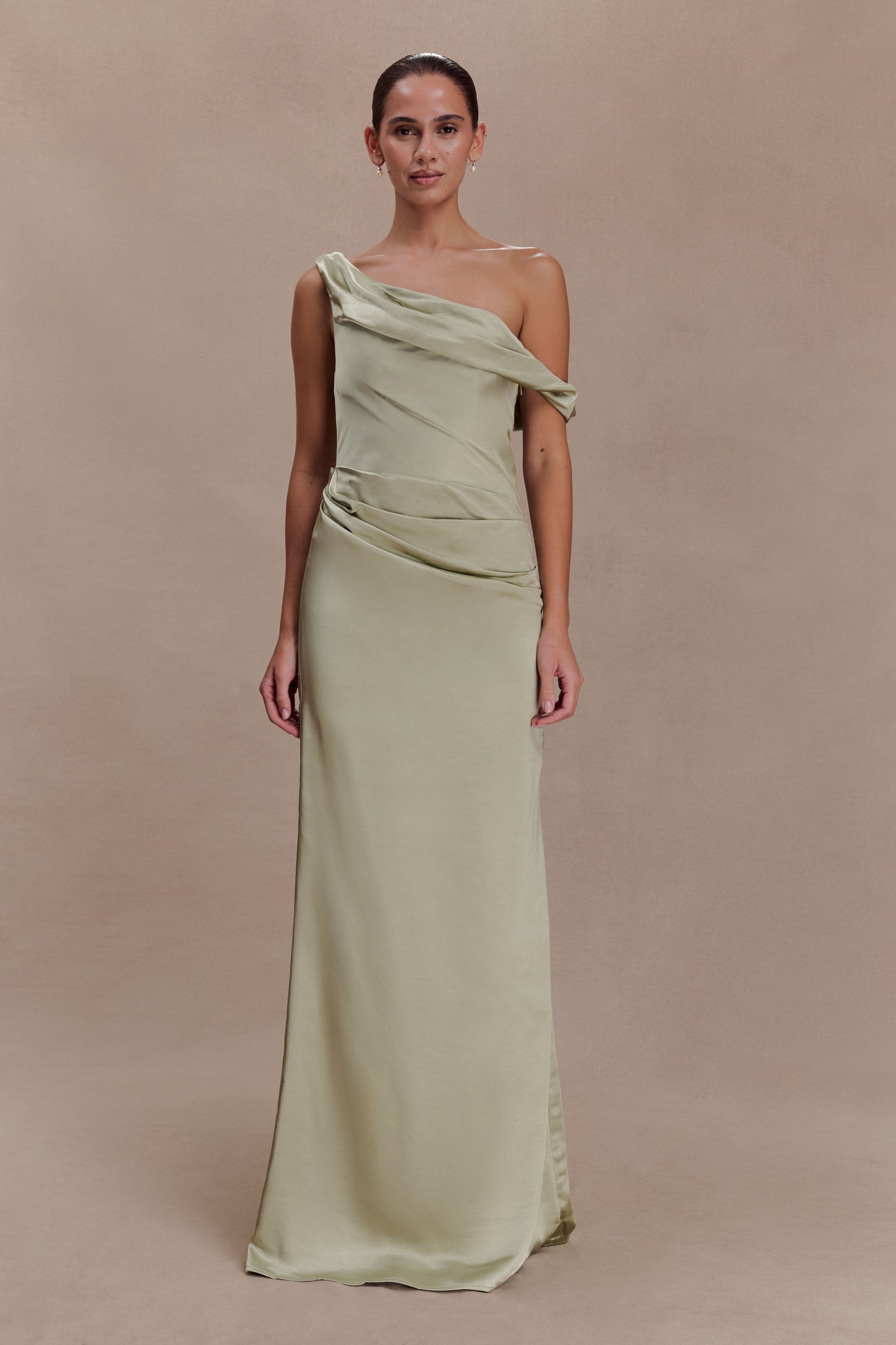 Dalia Off Shoulder Satin Maxi Dress / Sage | MESHKI