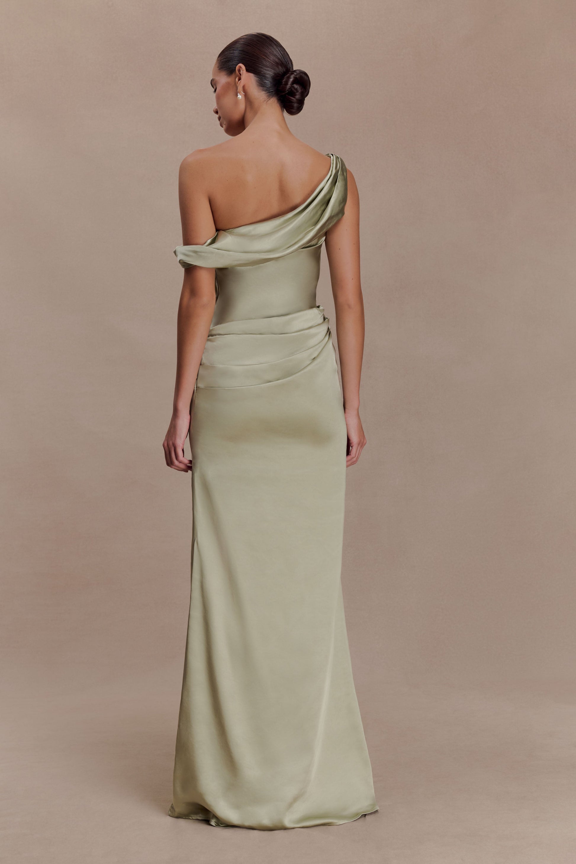 Dalia Off Shoulder Satin Maxi Dress / Sage | MESHKI | XXS Dalia Off Shoulder Satin Maxi Dress / Sage | MESHKI | XXS