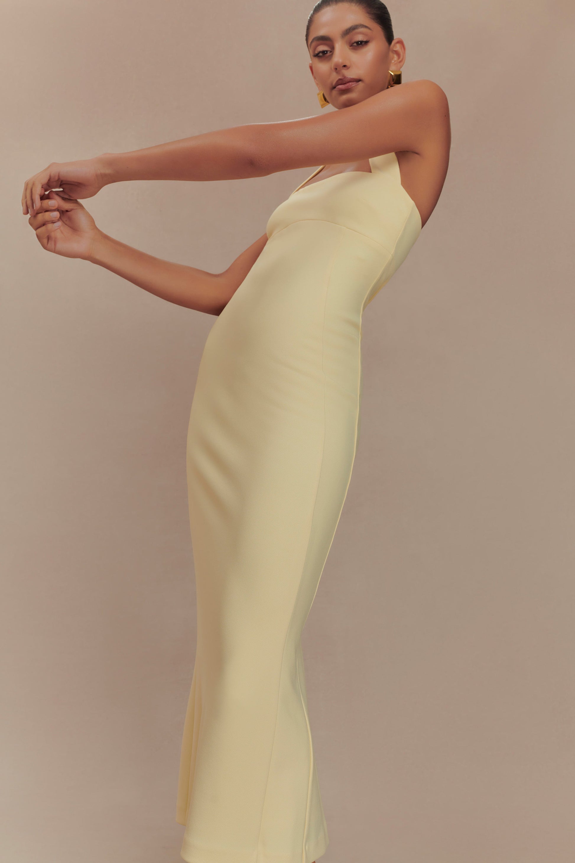 amelita suiting halter midi dress ivory Amelita Suiting Halter Midi Dress / Pale Lemon | MESHKI