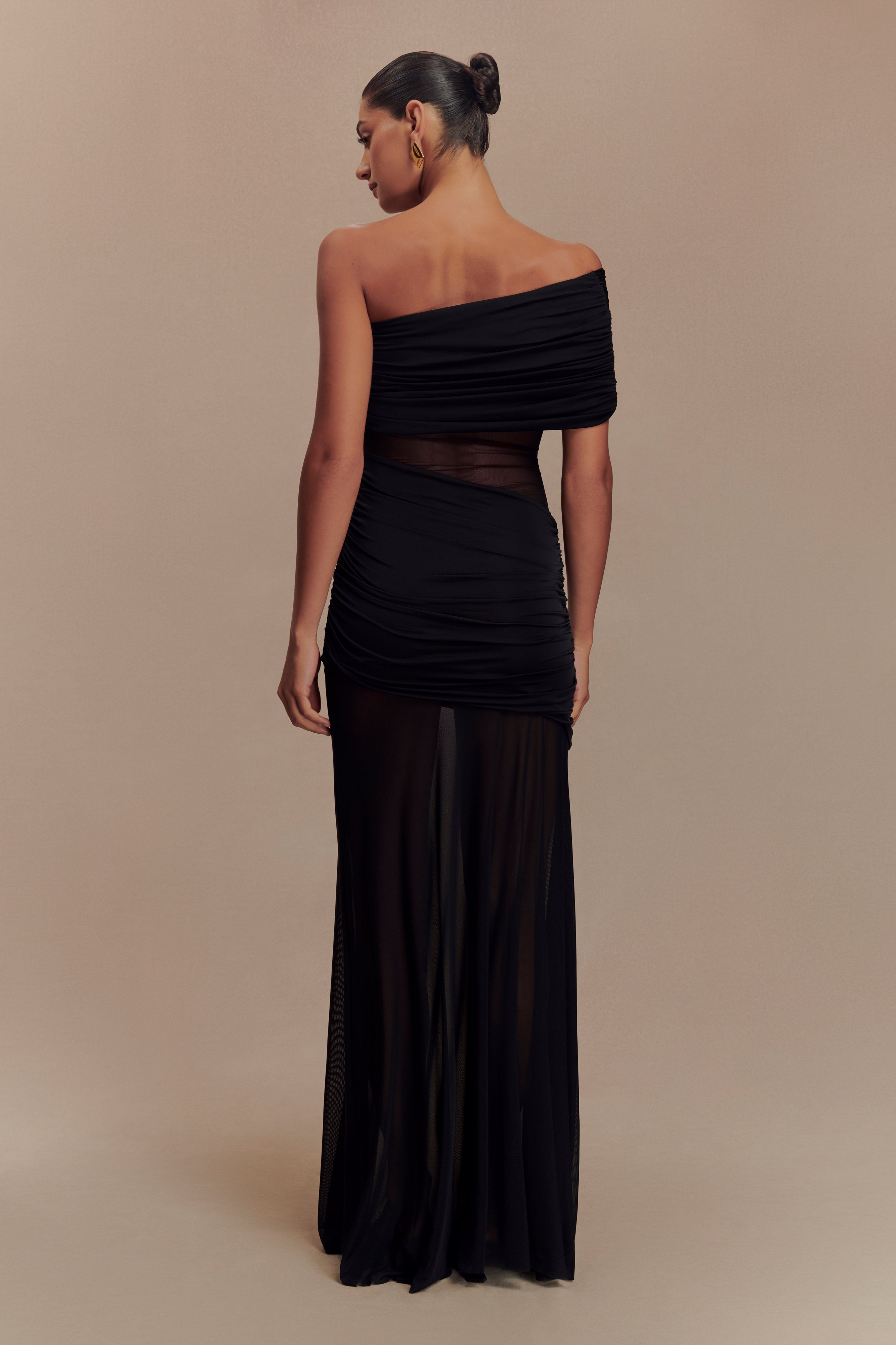 Dallas One Shoulder Mesh Maxi Dress - Black | MESHKI US