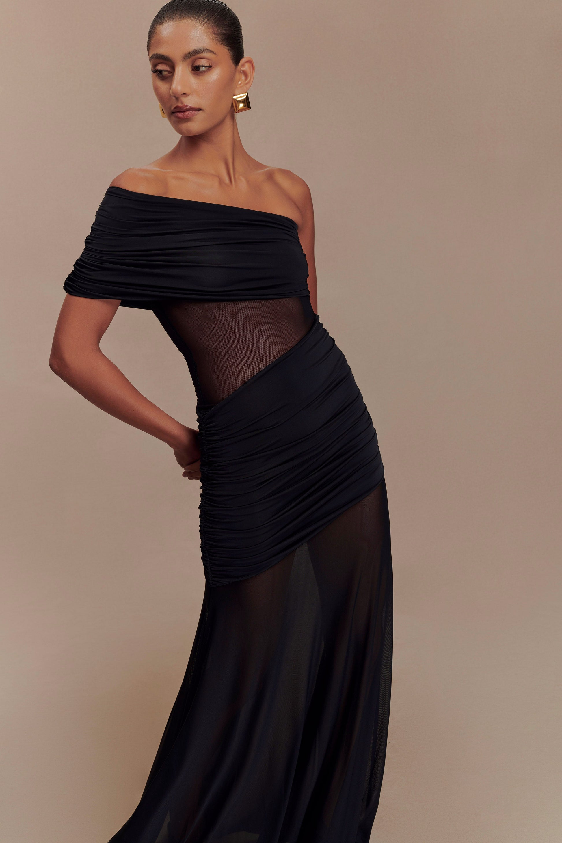 Dallas One Shoulder Mesh Maxi Dress - Black Dallas One Shoulder Mesh Maxi Dress - Black