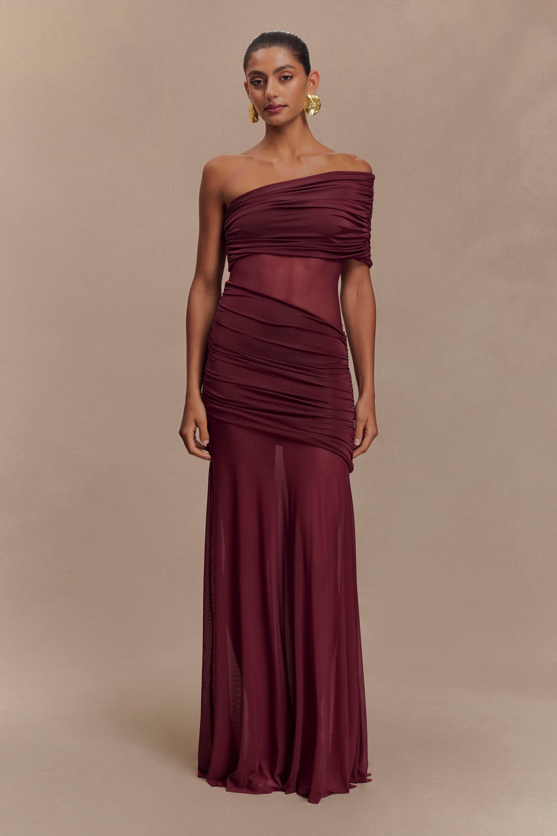 one shoulder mesh dress Dallas One Shoulder Mesh Maxi Dress / Burgundy | MESHKI