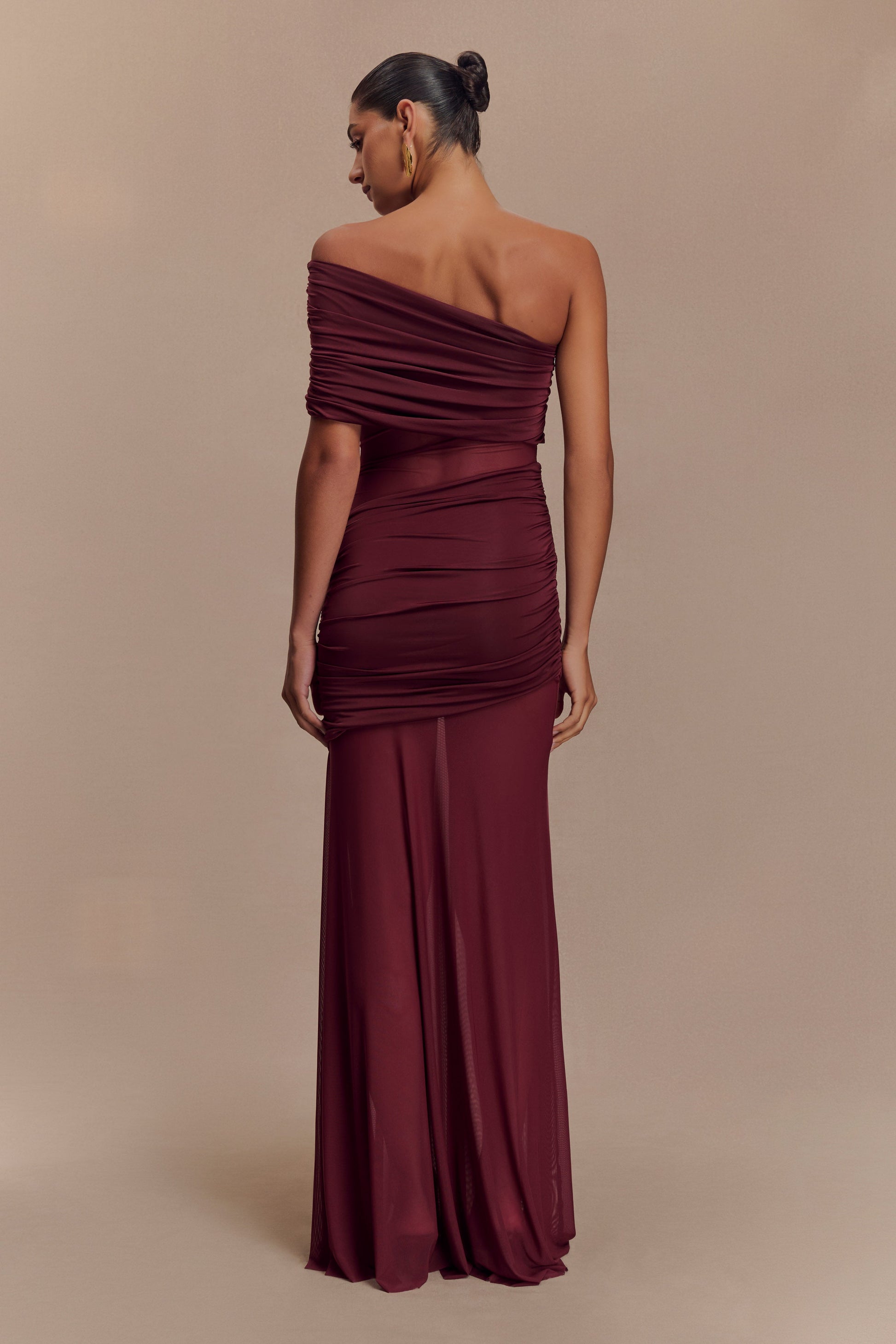 Dallas One Shoulder Mesh Maxi Dress / Burgundy | MESHKI