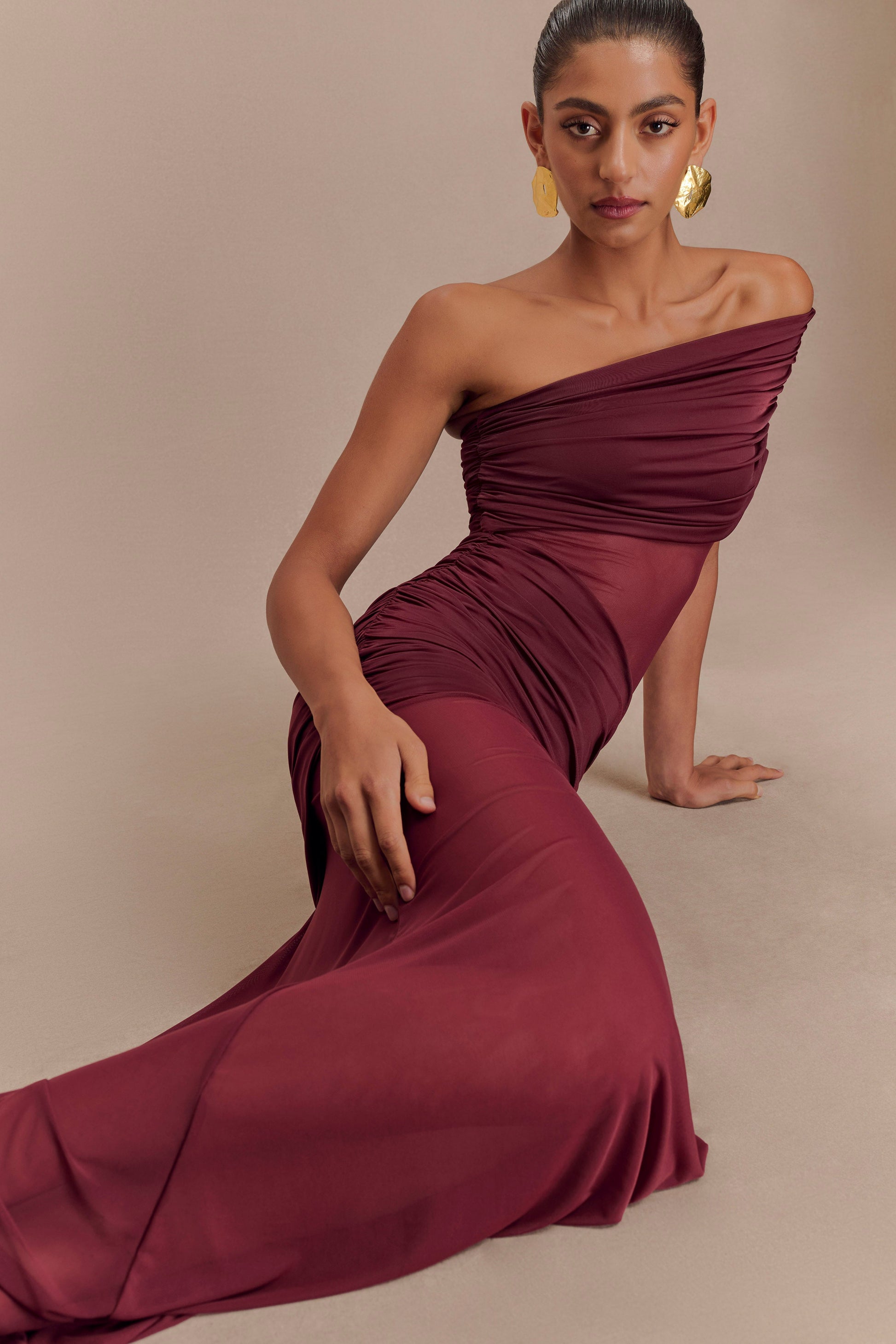 Dallas One Shoulder Mesh Maxi Dress / Burgundy | MESHKI